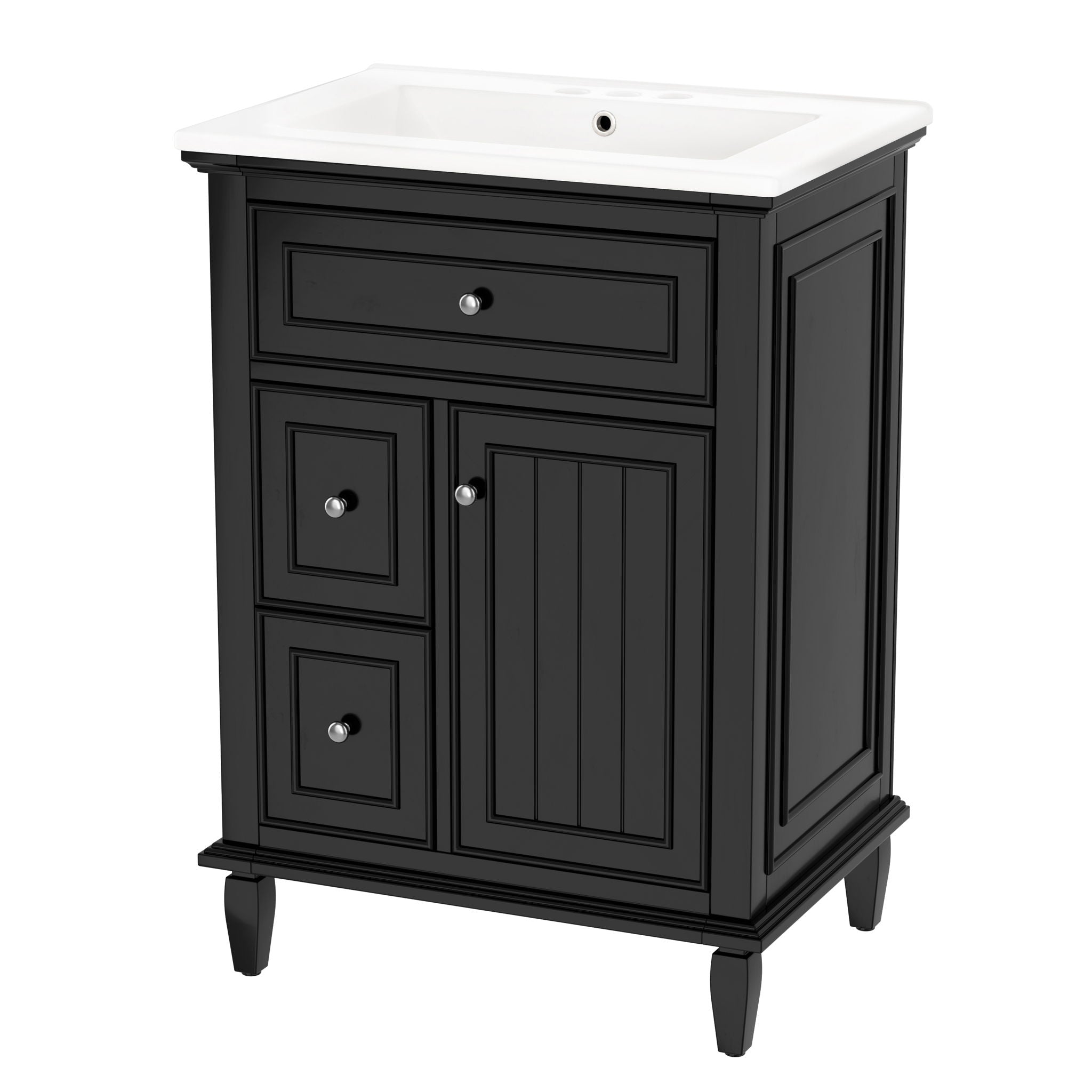 24" Bathroom Vanity With Sink, Cabinet, Adjustable Shelf, Flip Drawer & 2 Drawers - Black