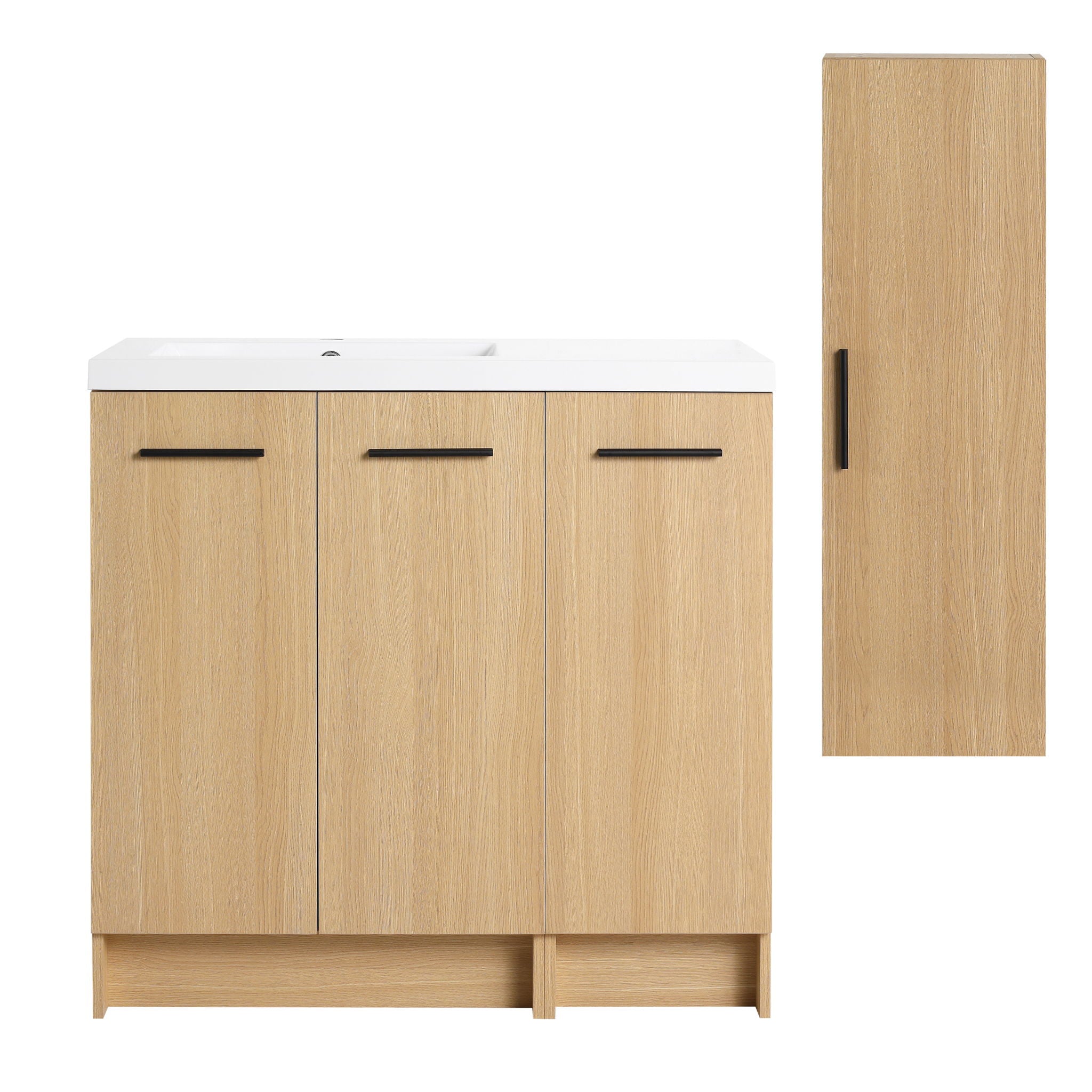 Freestanding Bathroom Vanity Set With Tall Linen Cabinet, 3 Door Storage Cabinet, Single Sink