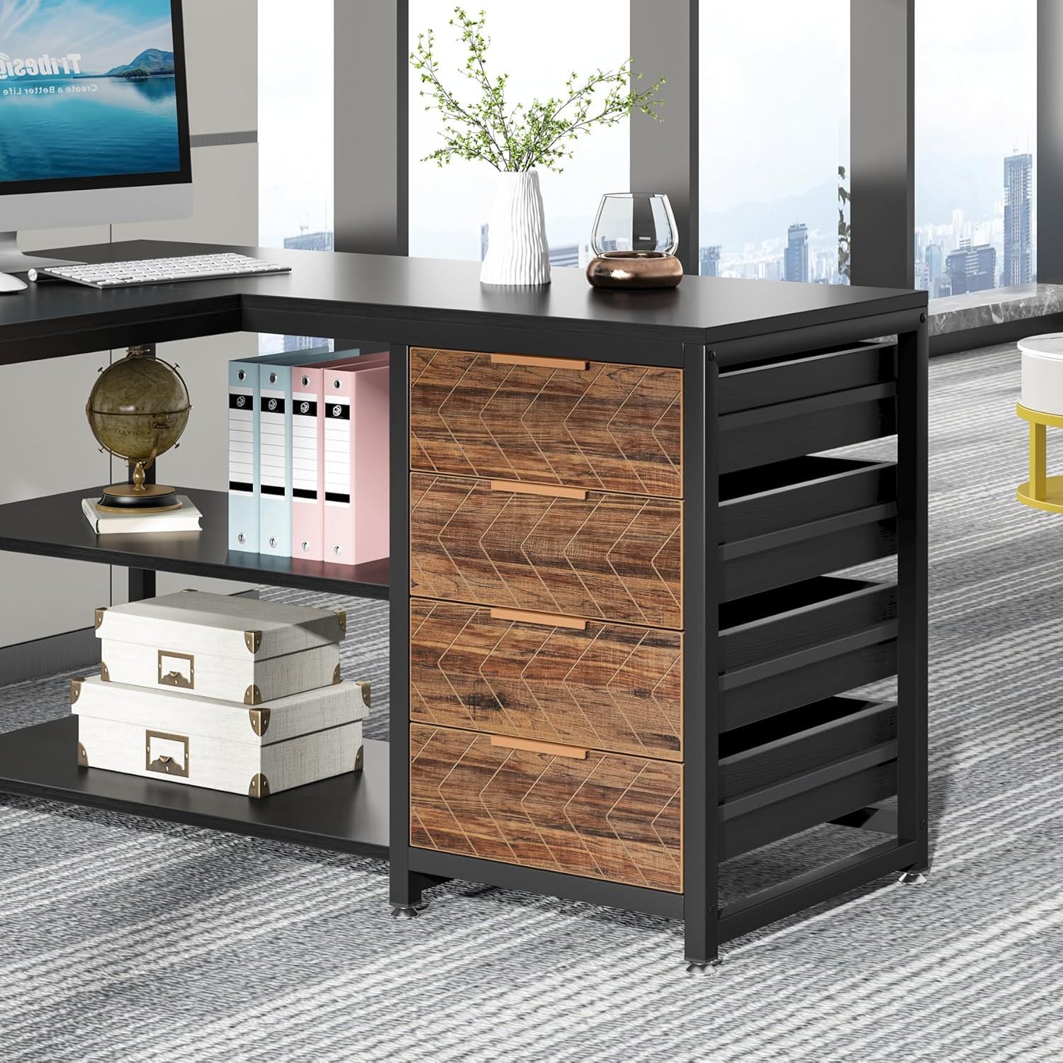 L-Shaped Computer Desk With Drawers And Shelves, Workstation For Home Office