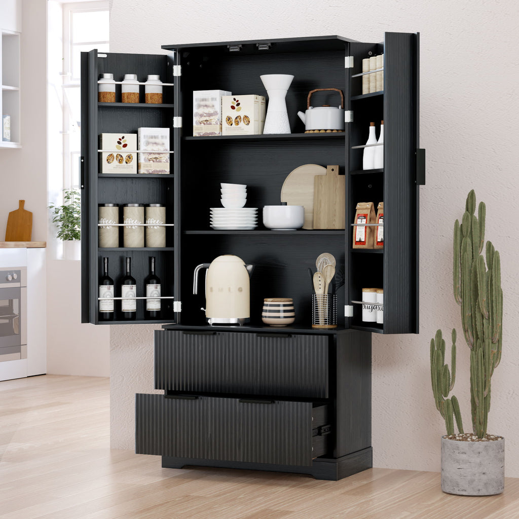Fluted Kitchen Pantry Cabinet With 2 Large Drawers & 8 Door Spice Rack