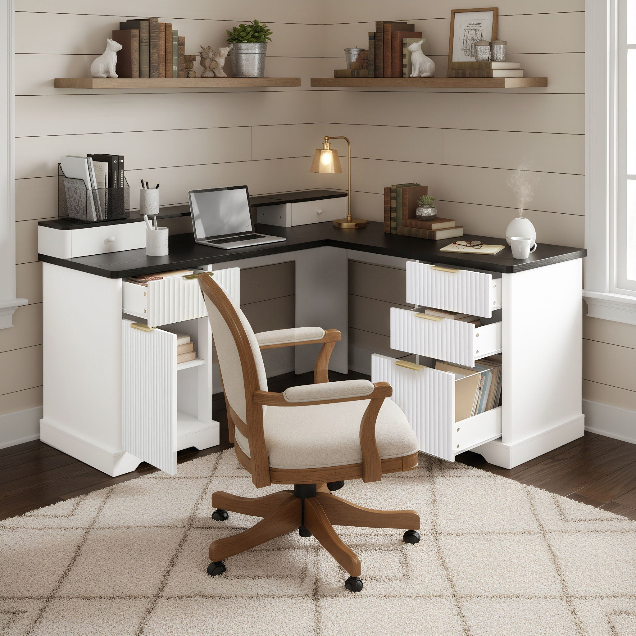 Fluted L-Shaped Desk With Charging Station & Storage Cabinet