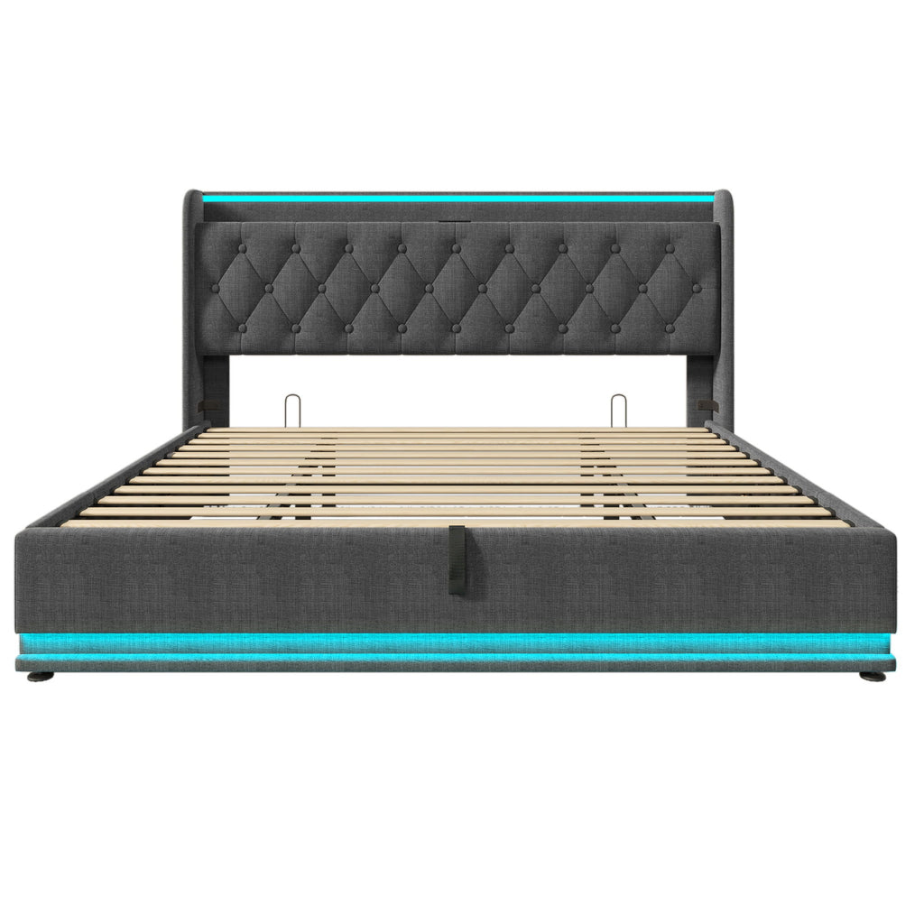Upholstered Bed, 360 Surround LED Function, Remote Control, Hydraulic Storage Bed With USB, Type-C Charging (Without Mattress)