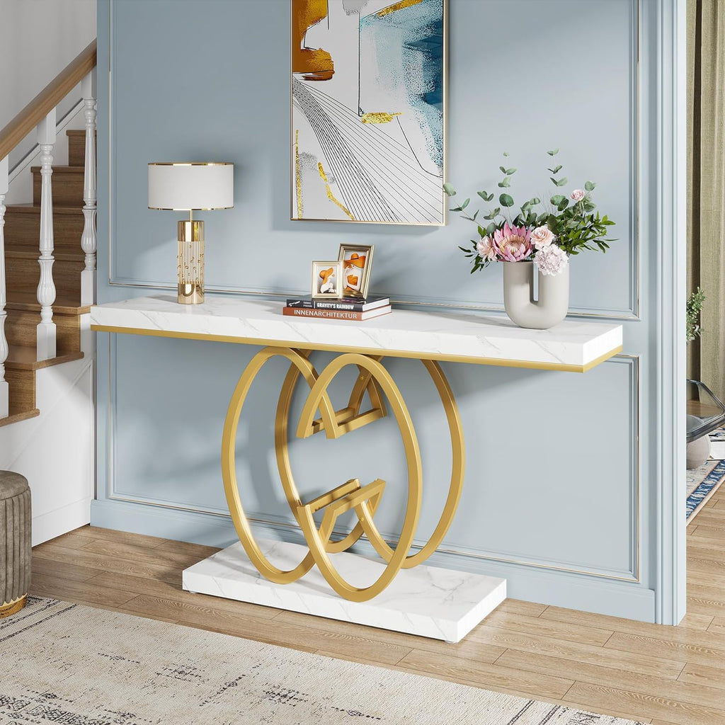 Console Table, Geometric Entryway Table For Living Hallway - White / Gold