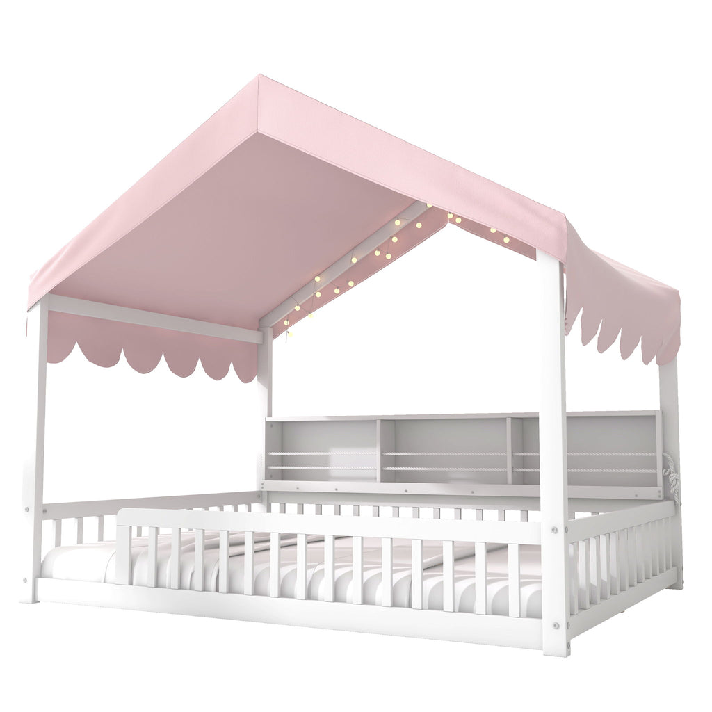 House Shaped Floor Bed With Fense, 3 Storage Bookshelves, Curtain And LED Light