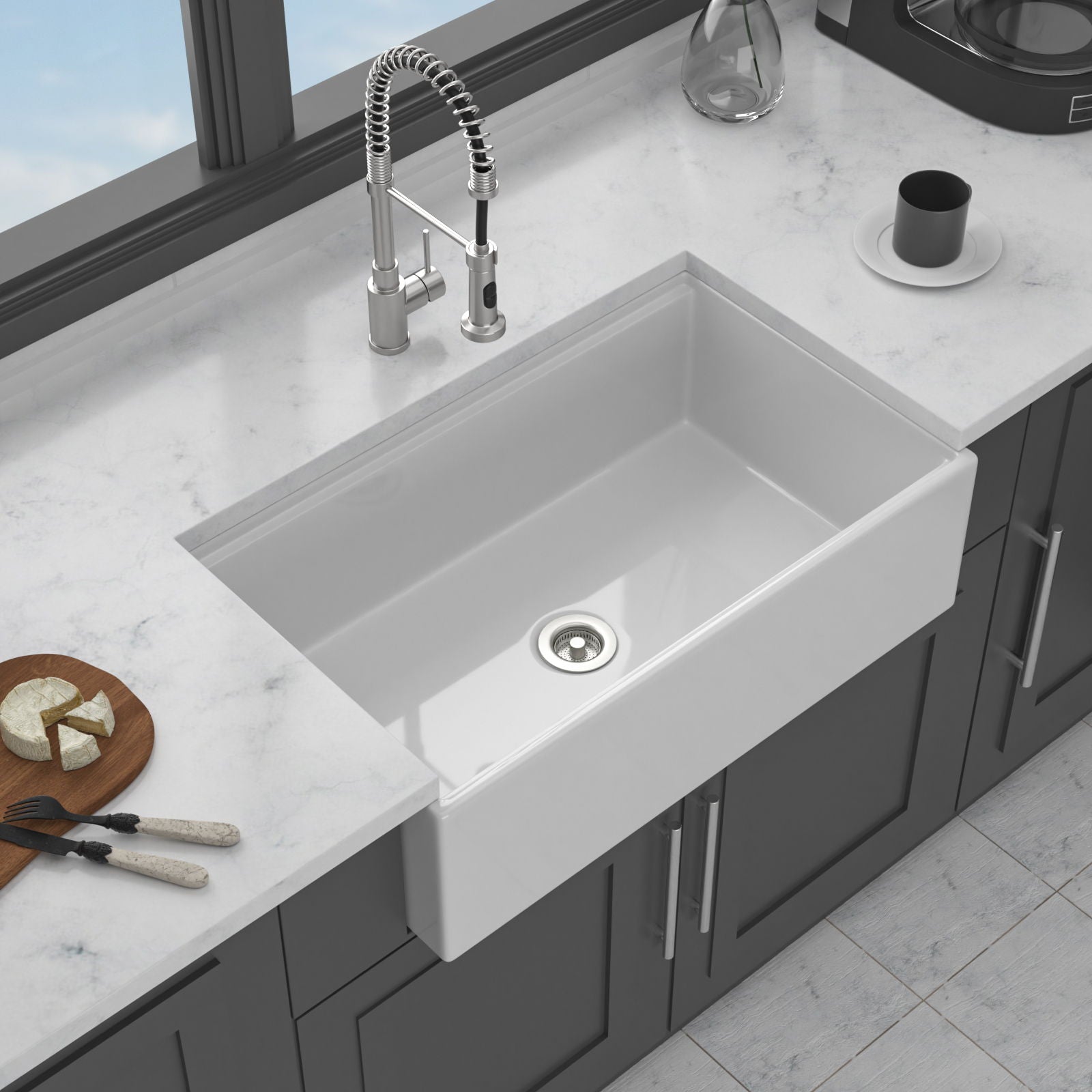Workstation Single Bowl Apron Front Kitchen Sink - White
