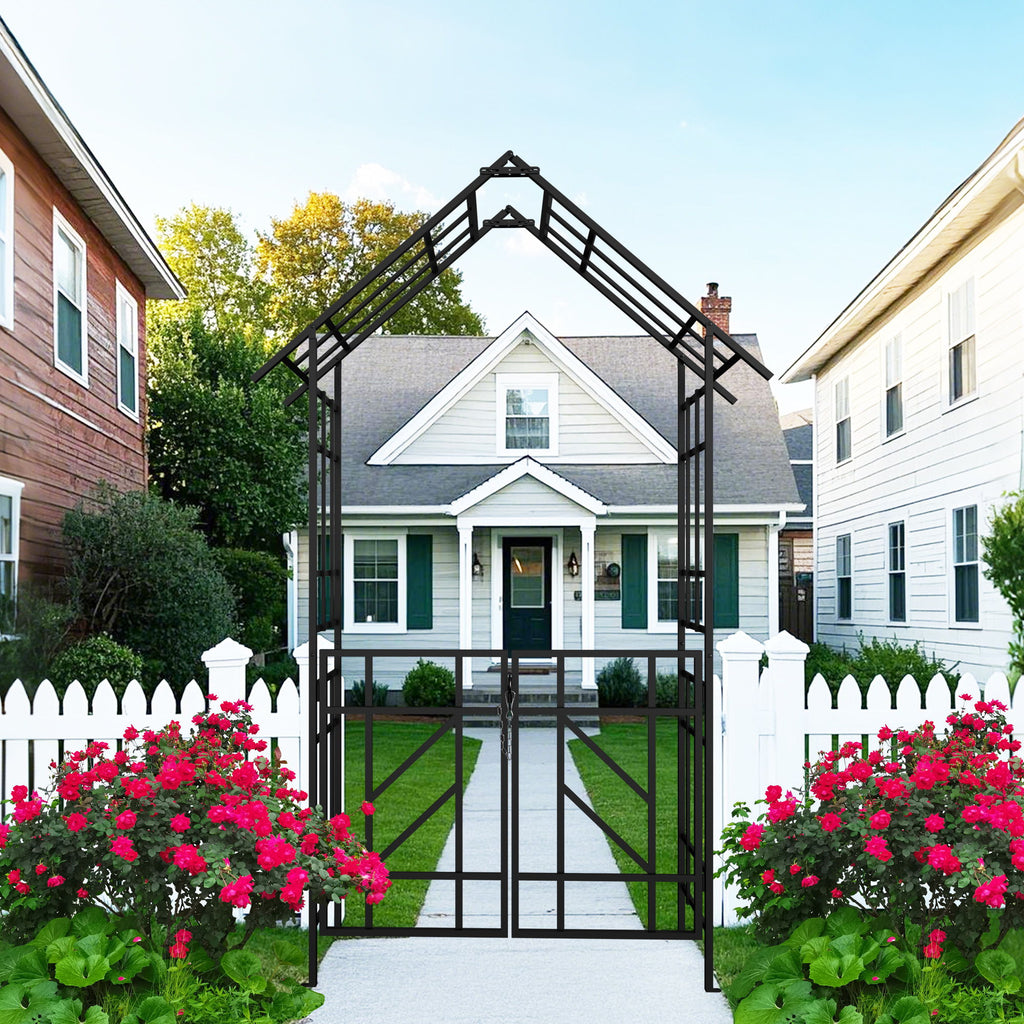 Garden Arch With Gate Climbing Plants Support Outdoor - Black