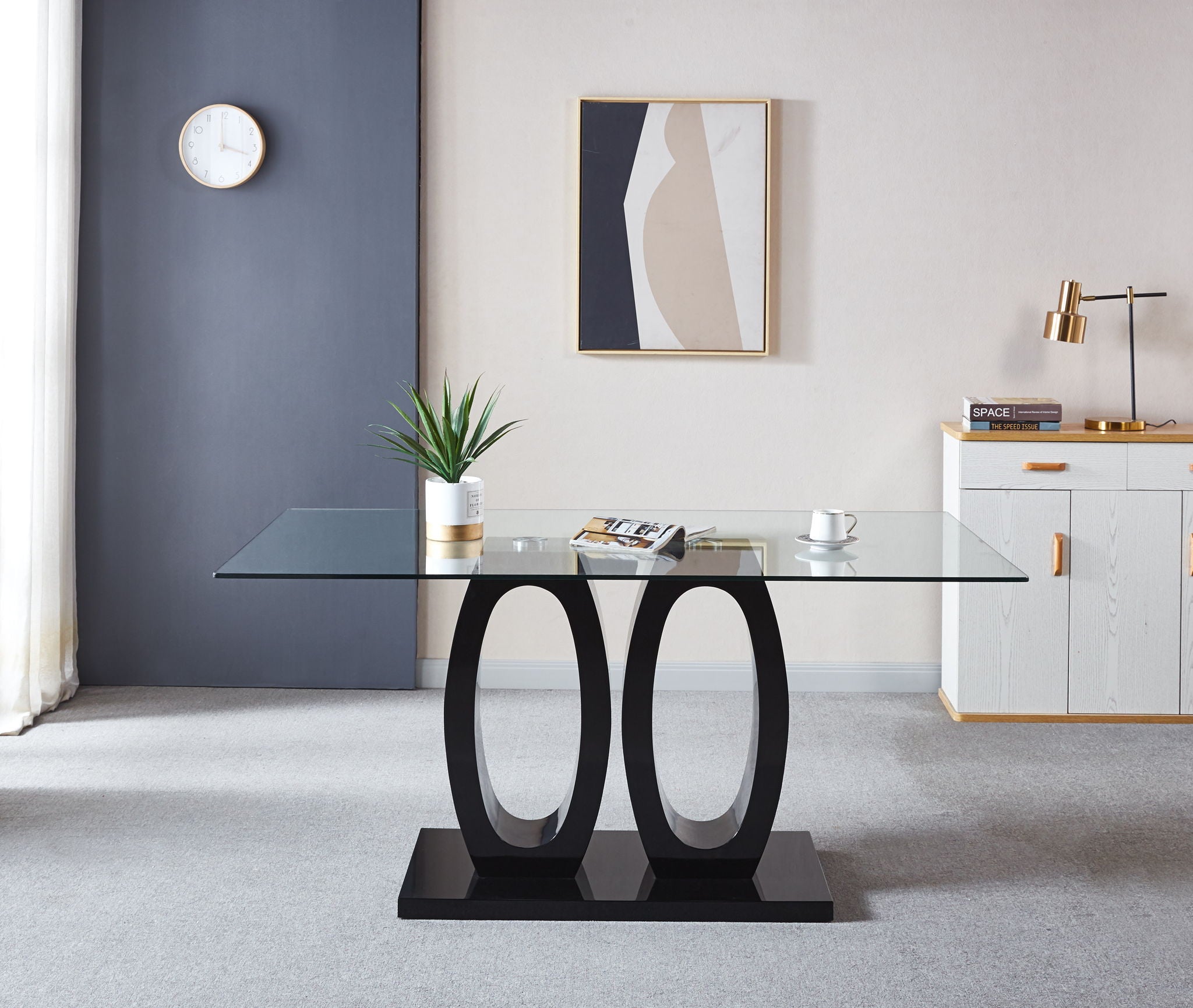 Contemporary Double Pedestal Dining Table, Tempered Glass Top