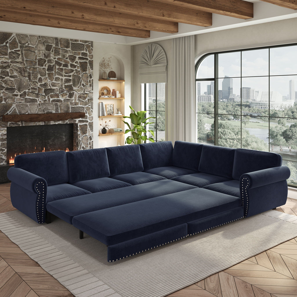 L-Shaped Sofa Couch With Pull Out Bed With Nailhead Trim & Rolled Arm