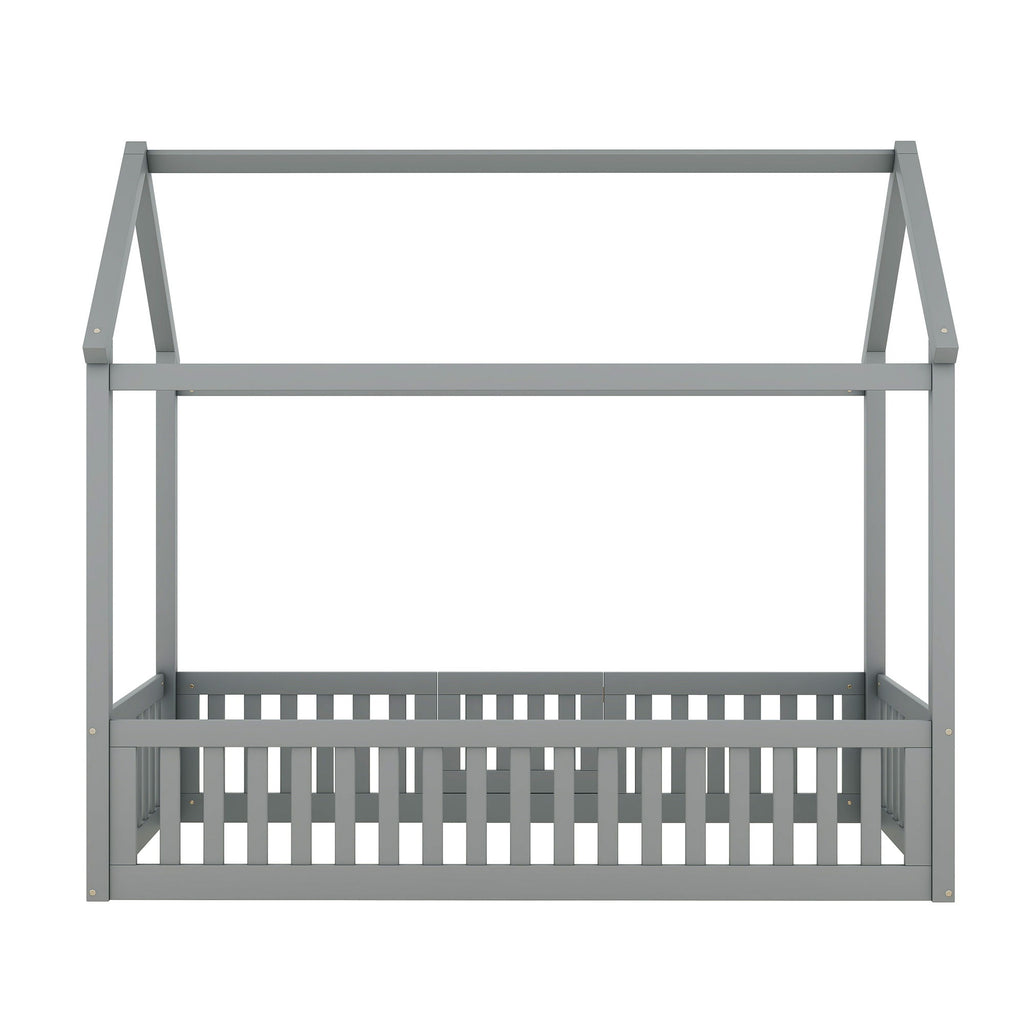 Wood House Bed With Fence And Door