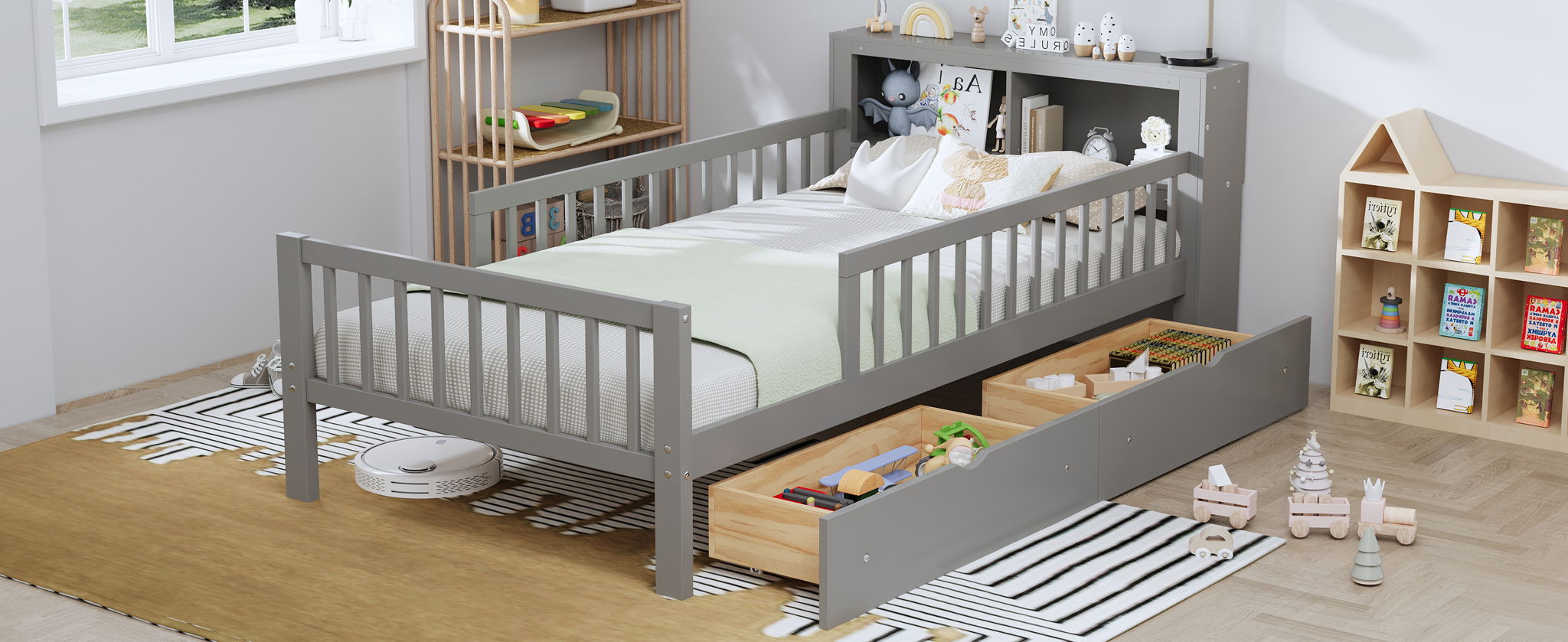 Bed With Headboard Storage Rack, 2 Under Bed Drawers, 3 Side Guardrails For Safety