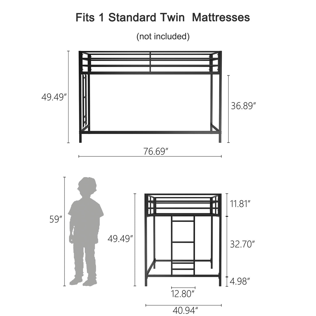 Adam - Twin Loft Bunk Bed With Cinnamon Wood Shelf - Black