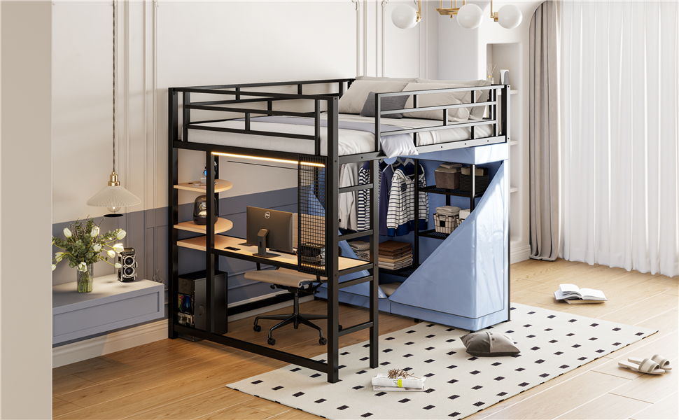 Loft Bed With Desk, Shelves, Power Outlet, LED Light And Wardrobe