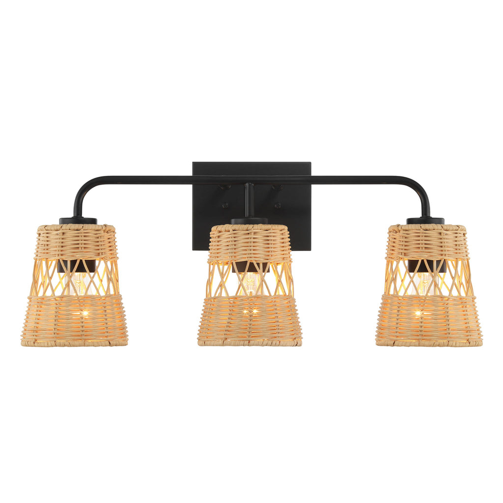 Moonlit - 3 Lights Wall Sconce With Shade, Bathroom Lighting Fixtures Over Mirror - Black / Rattan