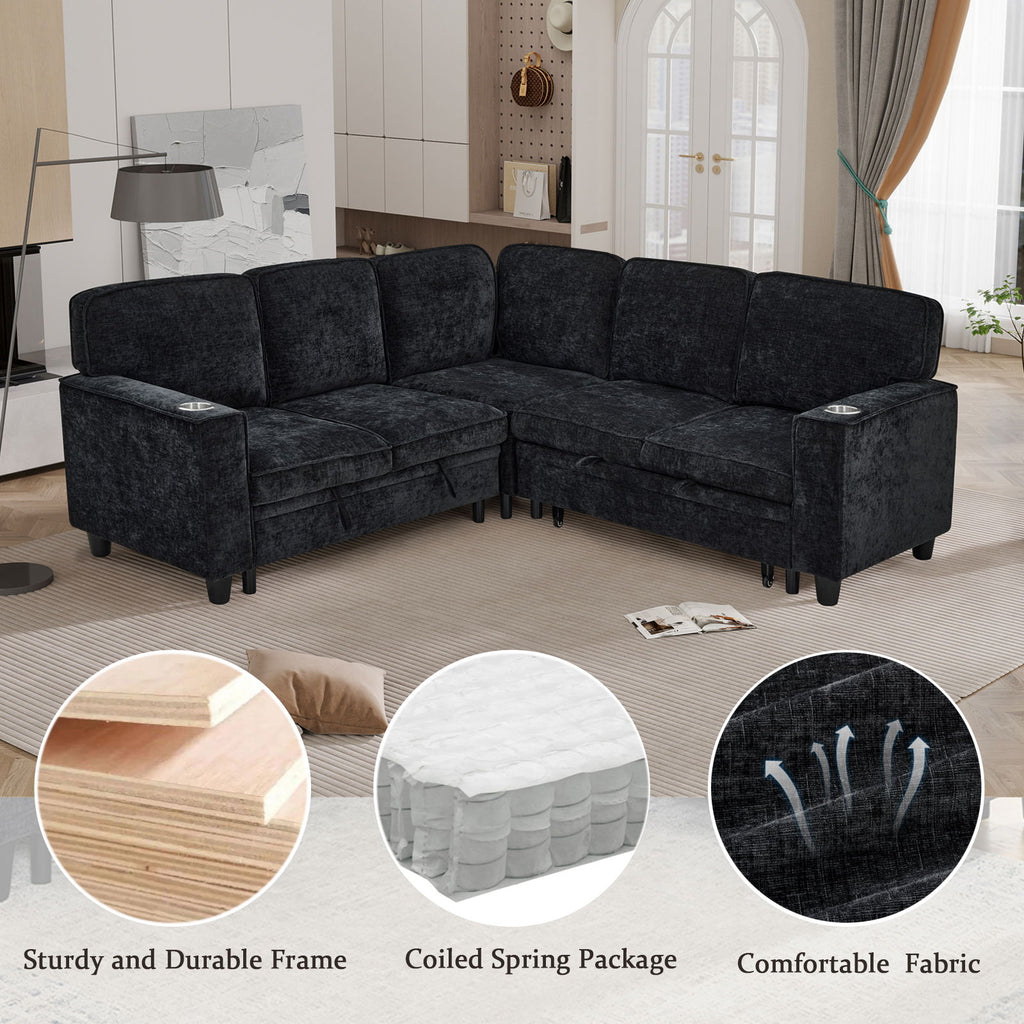 L-Shaped Sofa With Pull Out Sofa Bed With USB