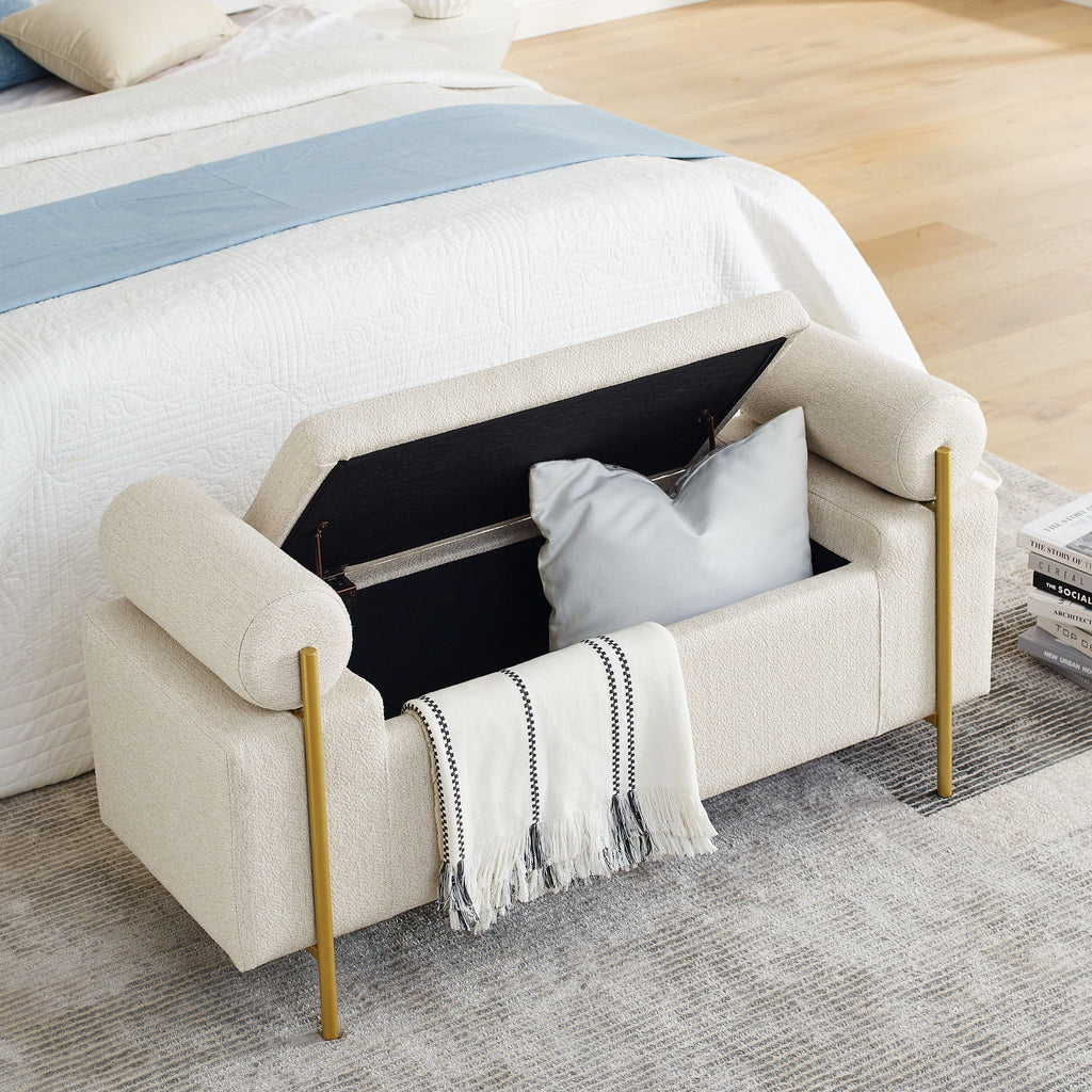 Elegant Upholstered Storage Bench With Cylindrical Arms And Iron Legs,