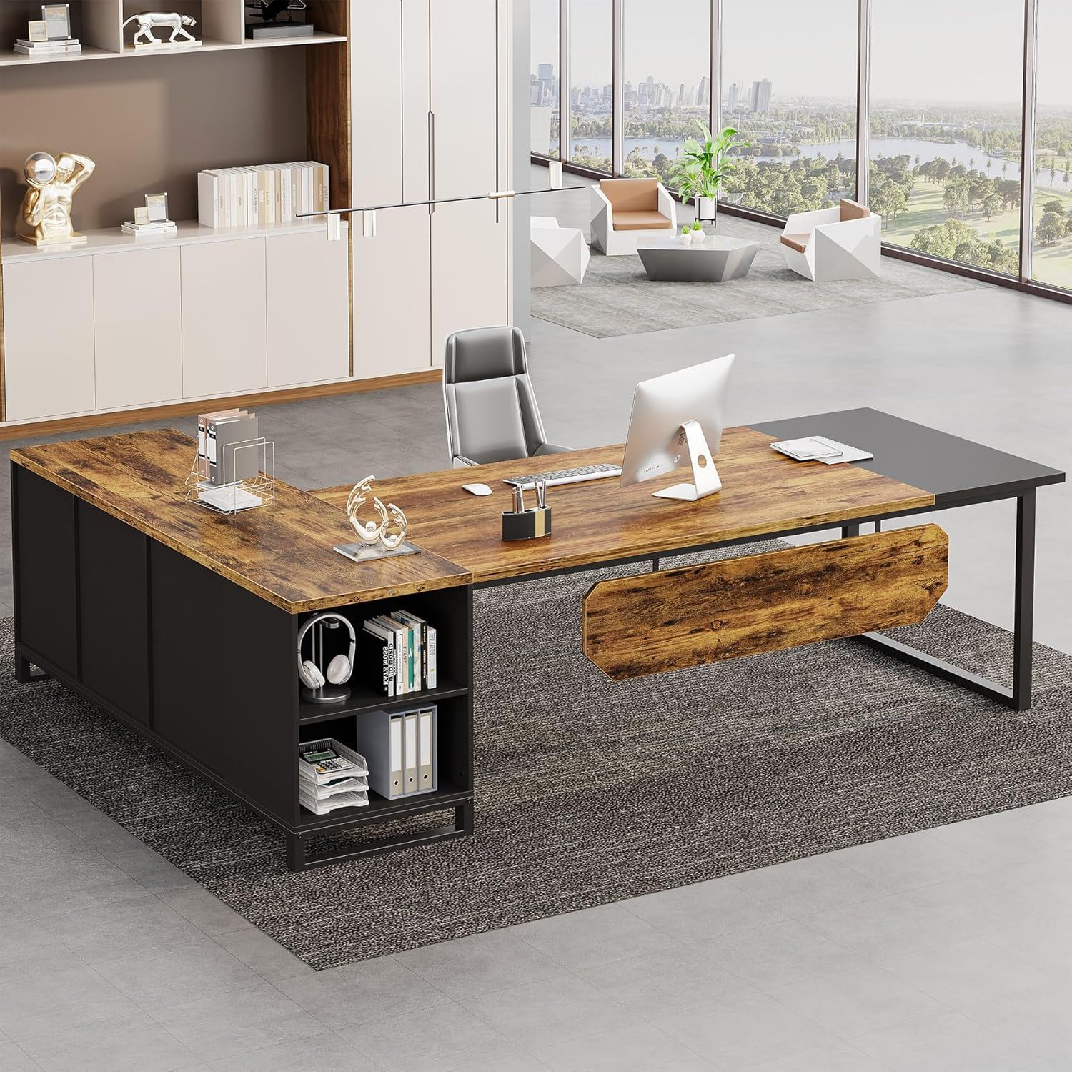 L-Shaped Executive Desk With File Cabinet, Computer Workstation With Storage