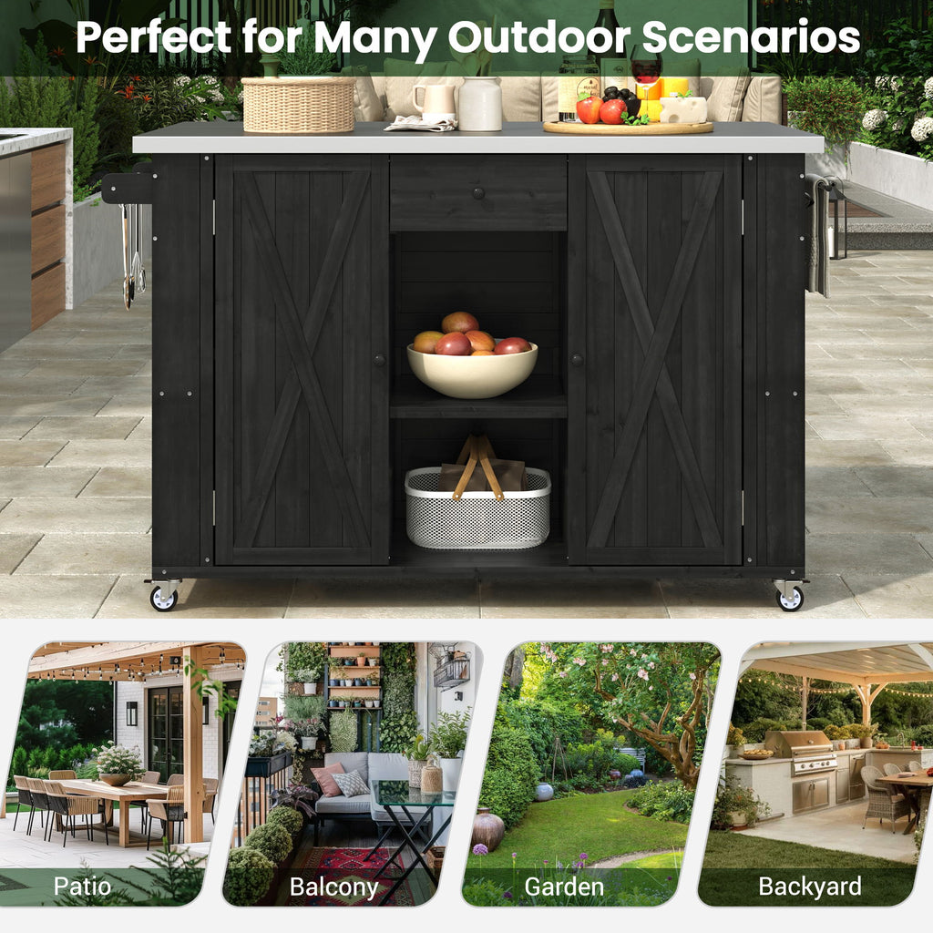 Outdoor Kitchen Island With Stainless Steel Top, Ample Storage Space, Towel And Spice Racks And A Bottle Opener