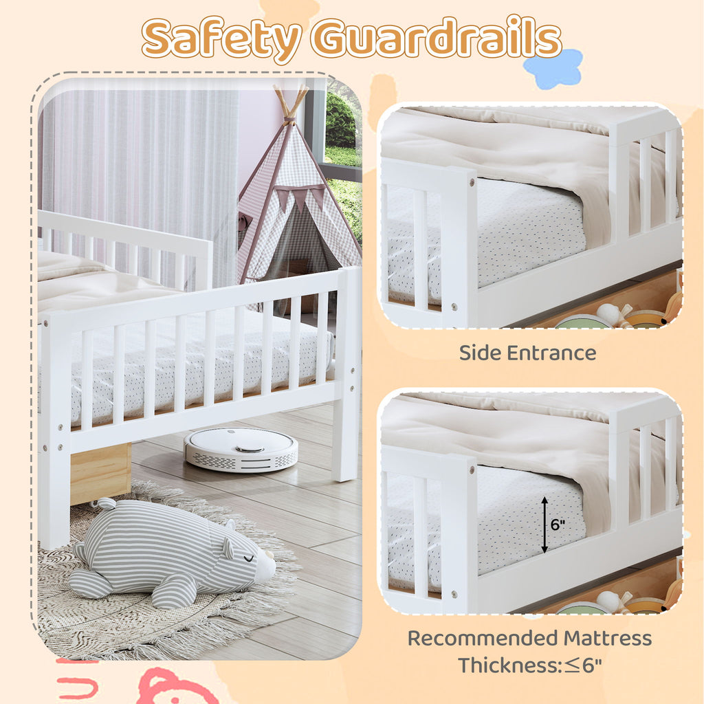 Bed With Headboard Storage Rack, 2 Under Bed Drawers, 3 Side Guardrails For Safety