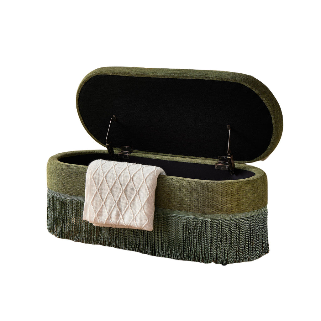 Oval Upholstered Storage Ottoman With Fringe Trim & Lift Top Lid