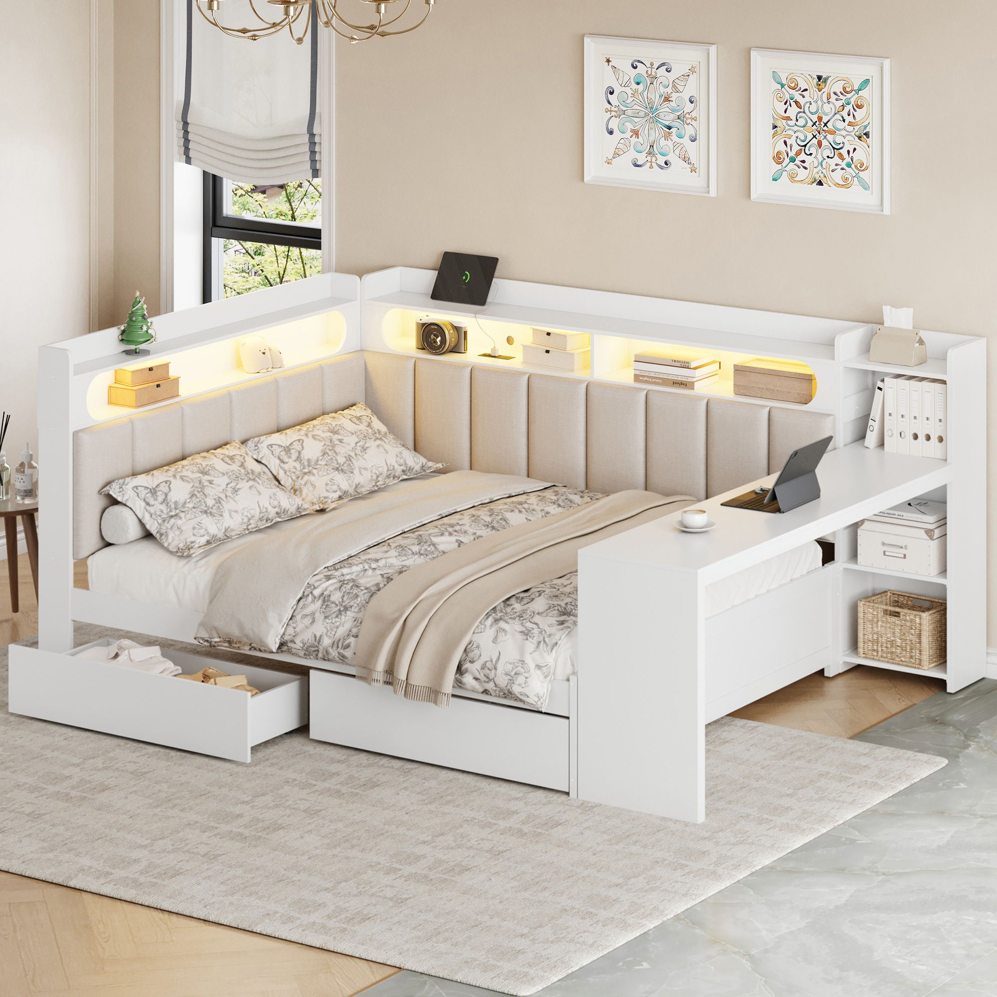 Daybed With Upholstered Headboard, Storage Shelves, Drawers, Charging Station, LED Light, And Adjustable Desk