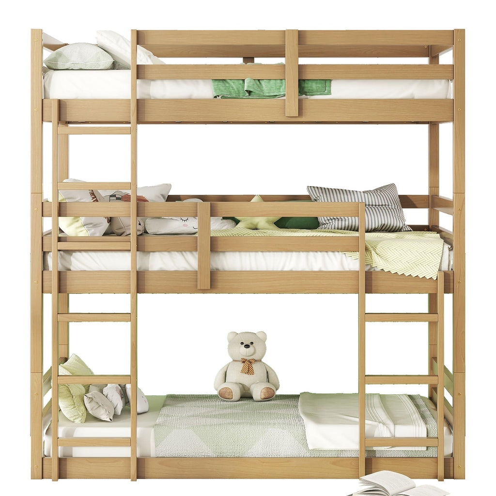 Twin Over Twin Over Twin Triple Bunk Bed With 2 Built In Ladders, Guardrails - Natural