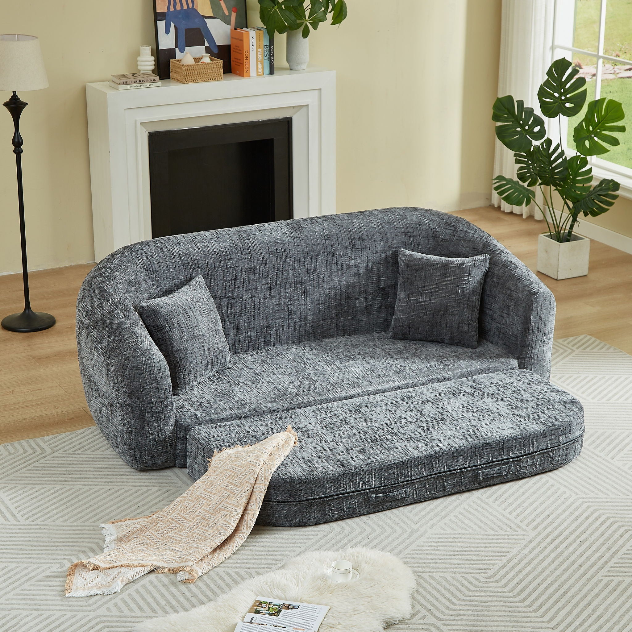 Curved Convertible Sofa, 2 In 1 Fold Out Bed With Pull Out Base And Deep Seat