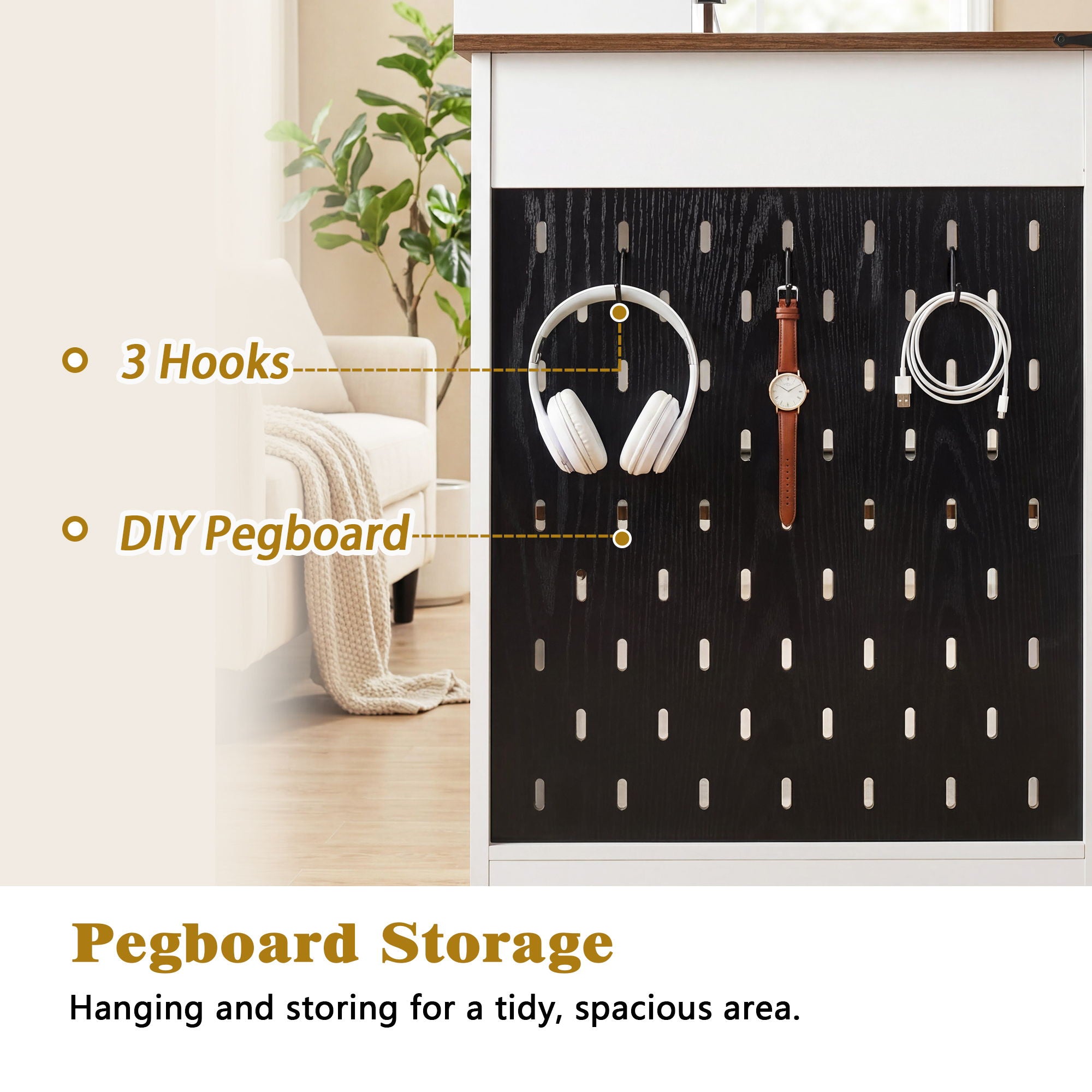 Office Desk With Storage Cabinet, Charging Station, Monitor Stand & Pegboard