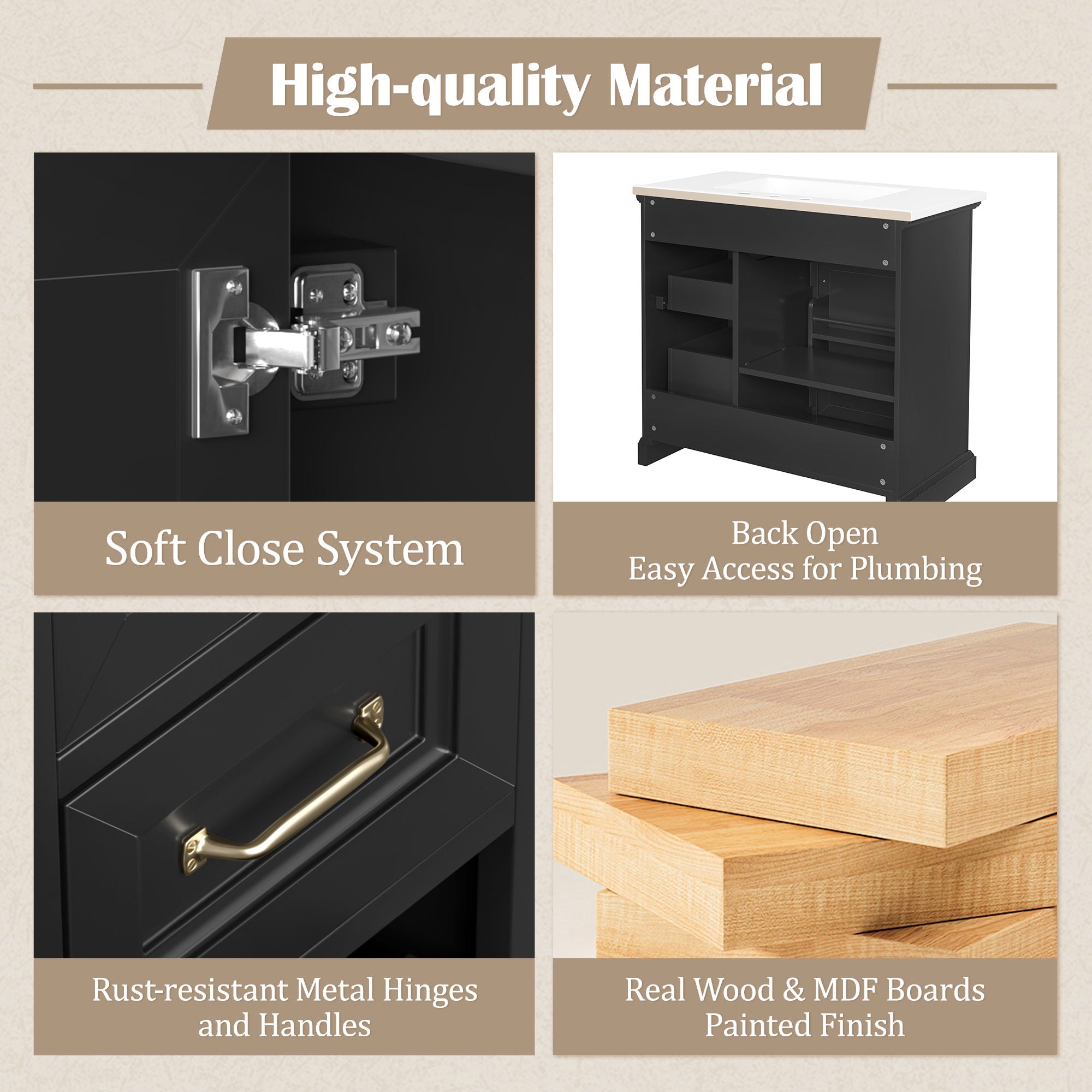 36" Bathroom Vanity With Sink, 2 Tip Out Drawers, Soft Close Hinges