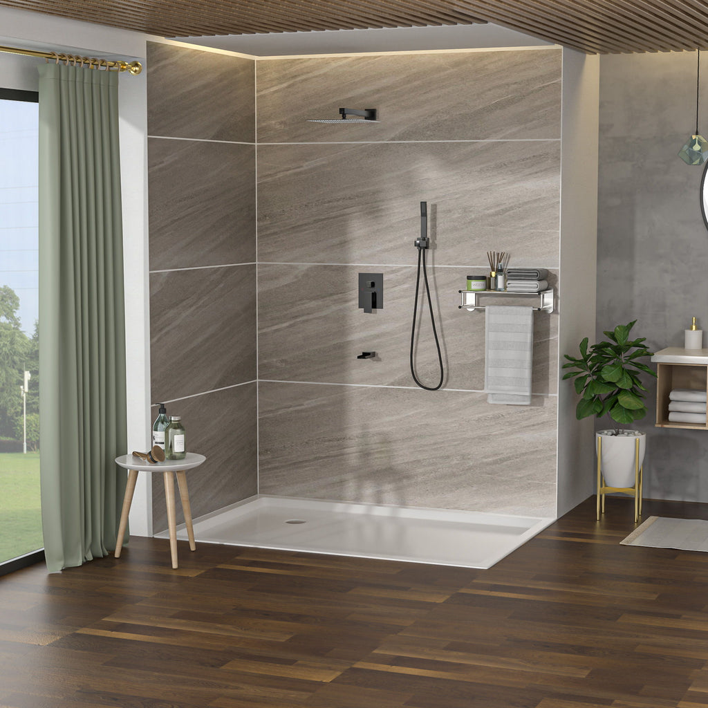 Wall Mounted Square Shower System With Rainfall Tub Spout And Handheld Shower, 10" - Matte Black