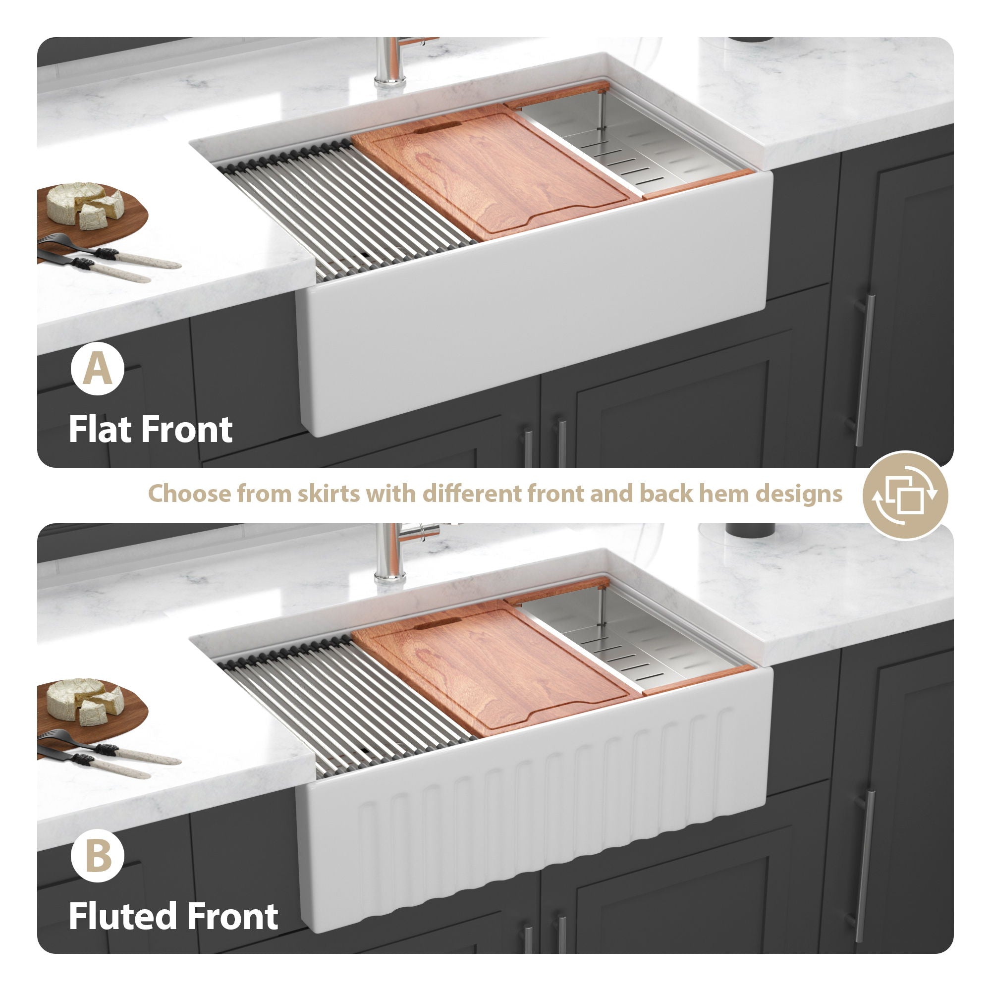 Farmhouse Sink Workstation 33" Ceramic Double Bowl Kitchen Sink With Ledges - White