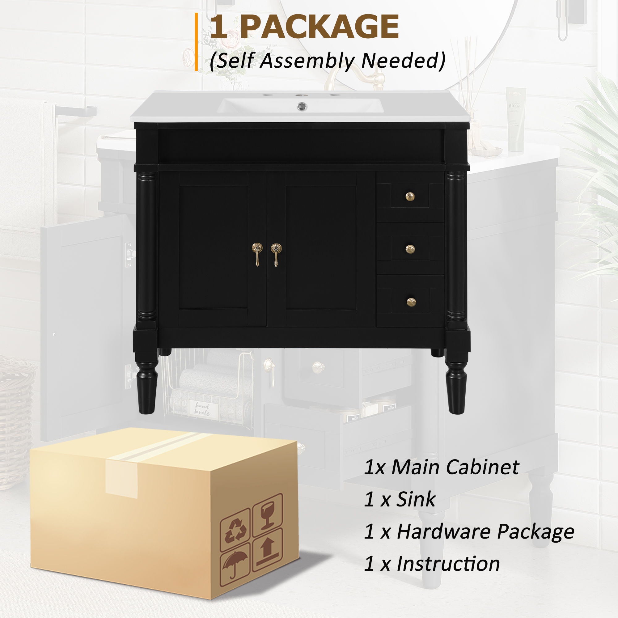 Bathroom Vanity With Ceramic Sink, 2 Doors 3 Drawers, Soft Close Design