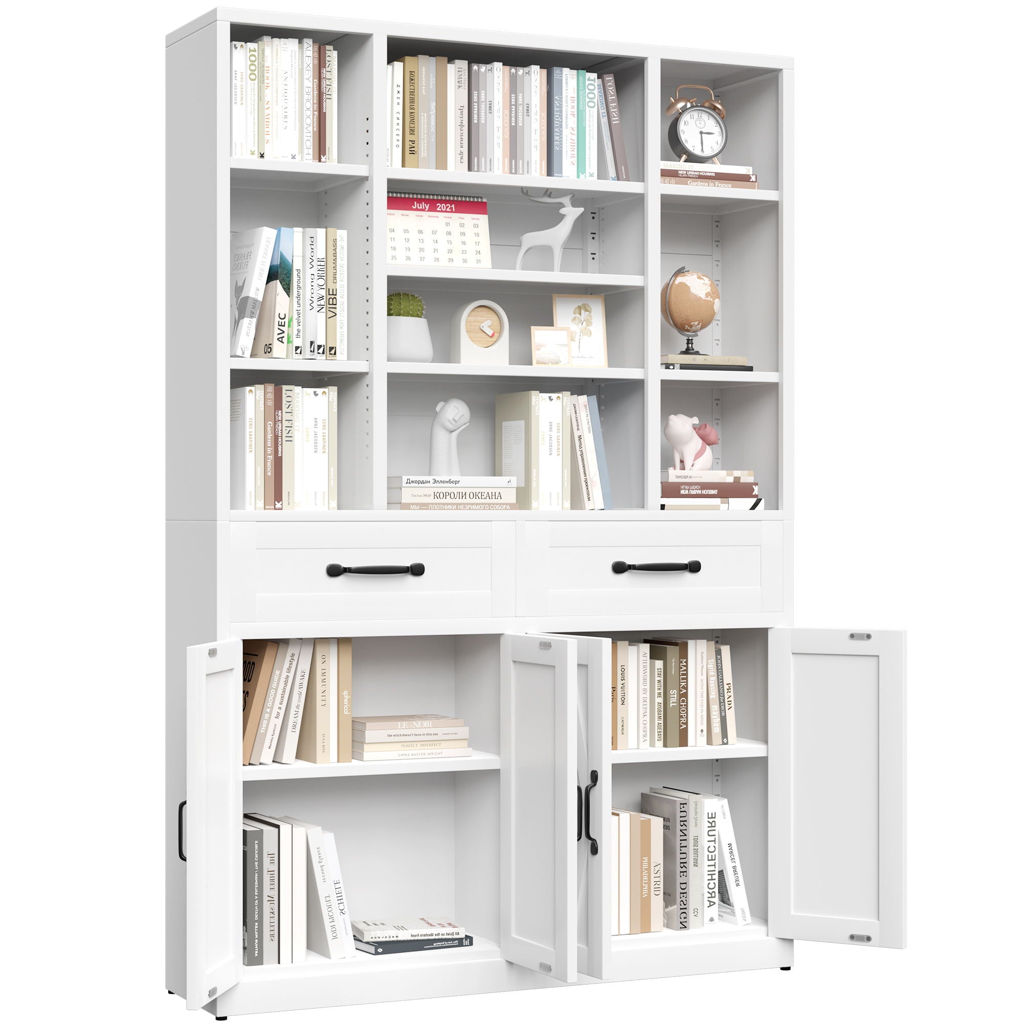 Industrial Bookcase Tall With Adjustable Shelves, Drawers & Doors