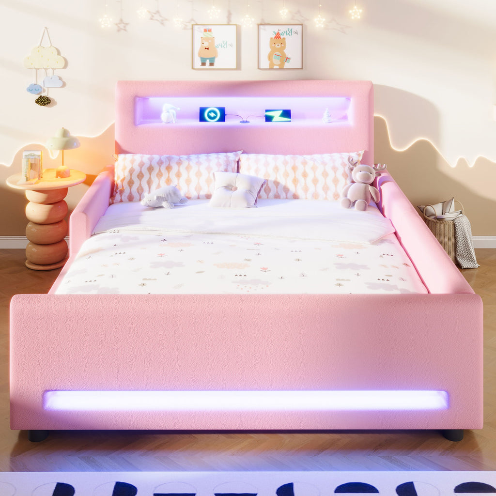 Upholstered Platform Bed With Drawer, LED Light Strip, USB Port