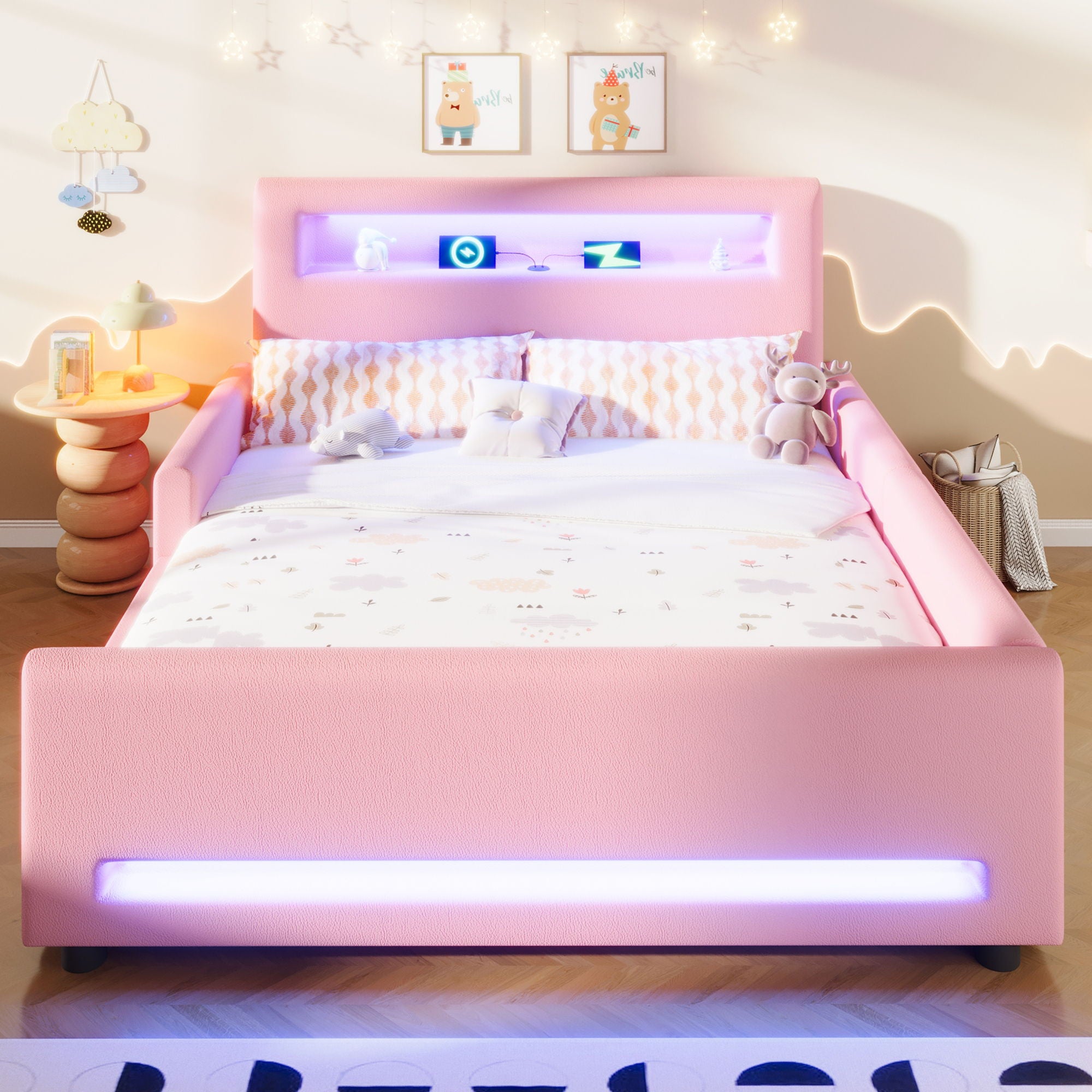 Upholstered Platform Bed With Drawer, LED Light Strip, USB Port