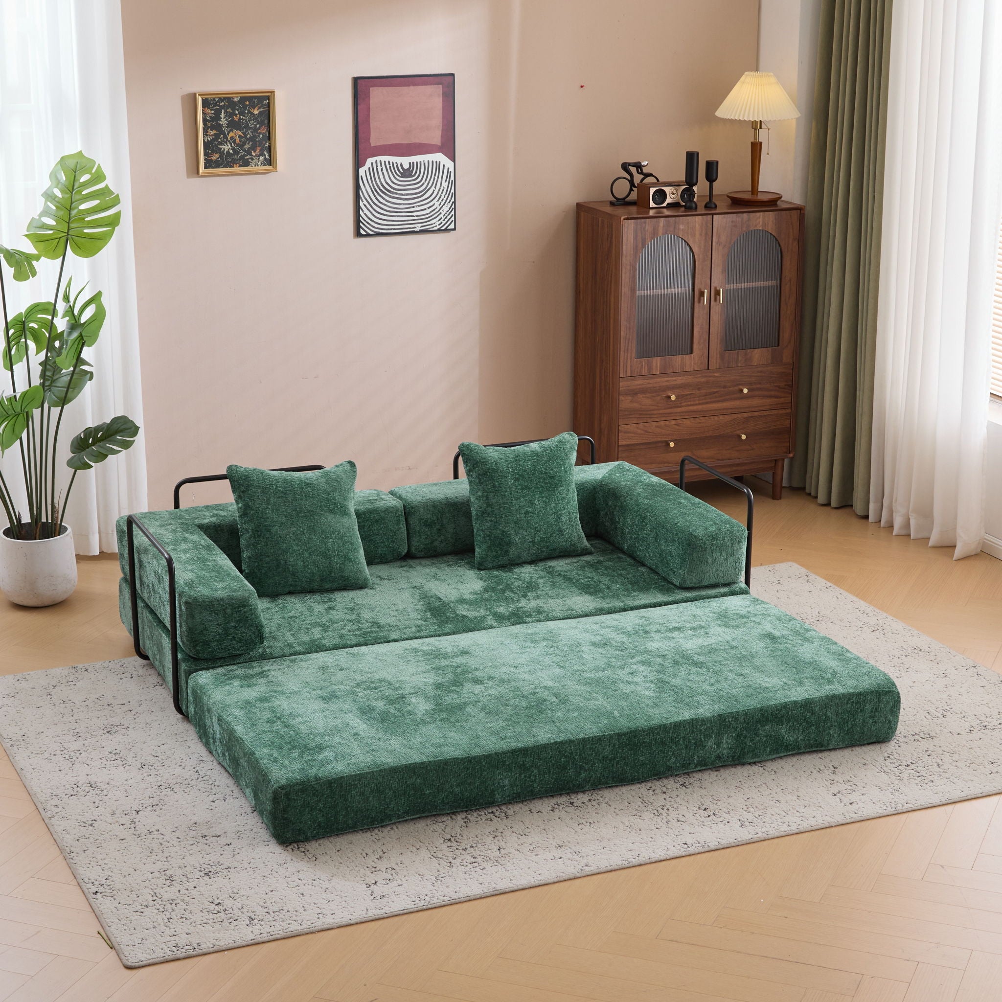 Convertible Floor Sofa Bed With Pillow Back Support Armrest