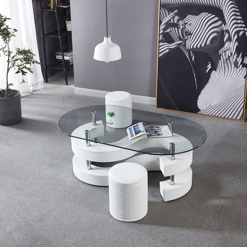 3 Pieces Coffee Table Set, Oval 10 Mm / Thick Tempered Glass Table And 2 Stools - White