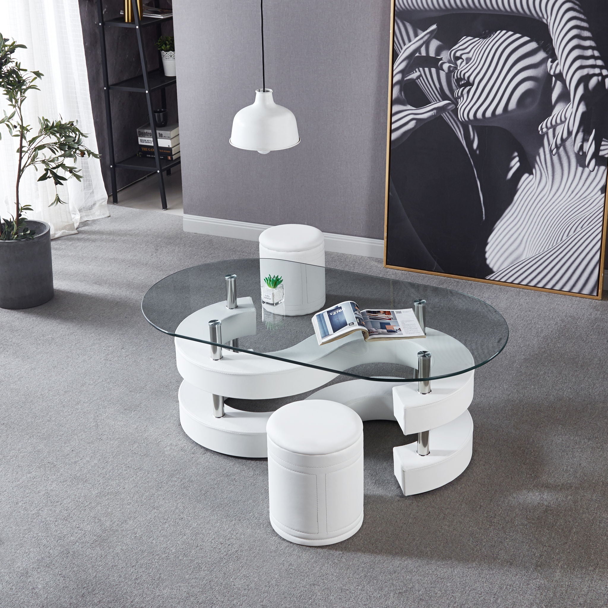 3 Pieces Coffee Table Set, Oval 10 Mm / Thick Tempered Glass Table And 2 Stools - White