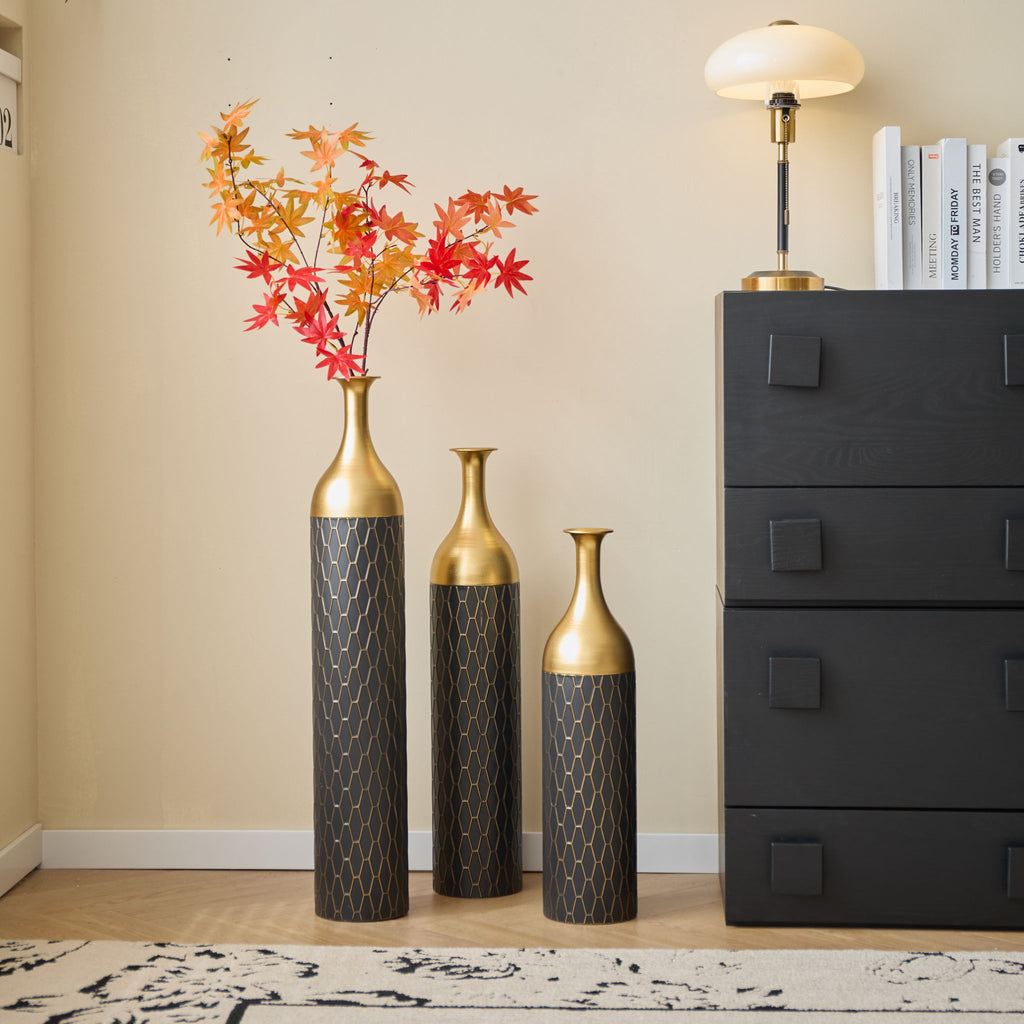 Elegant Floor Vase Set Metal Decorative Vases 3 Piece Set For Floral Display, Wedding & Gift Decor - Gold / Black