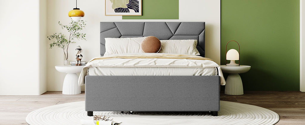 Upholstered Platform Bed With Brick Pattern Headboard And Twin Long Size Trundle