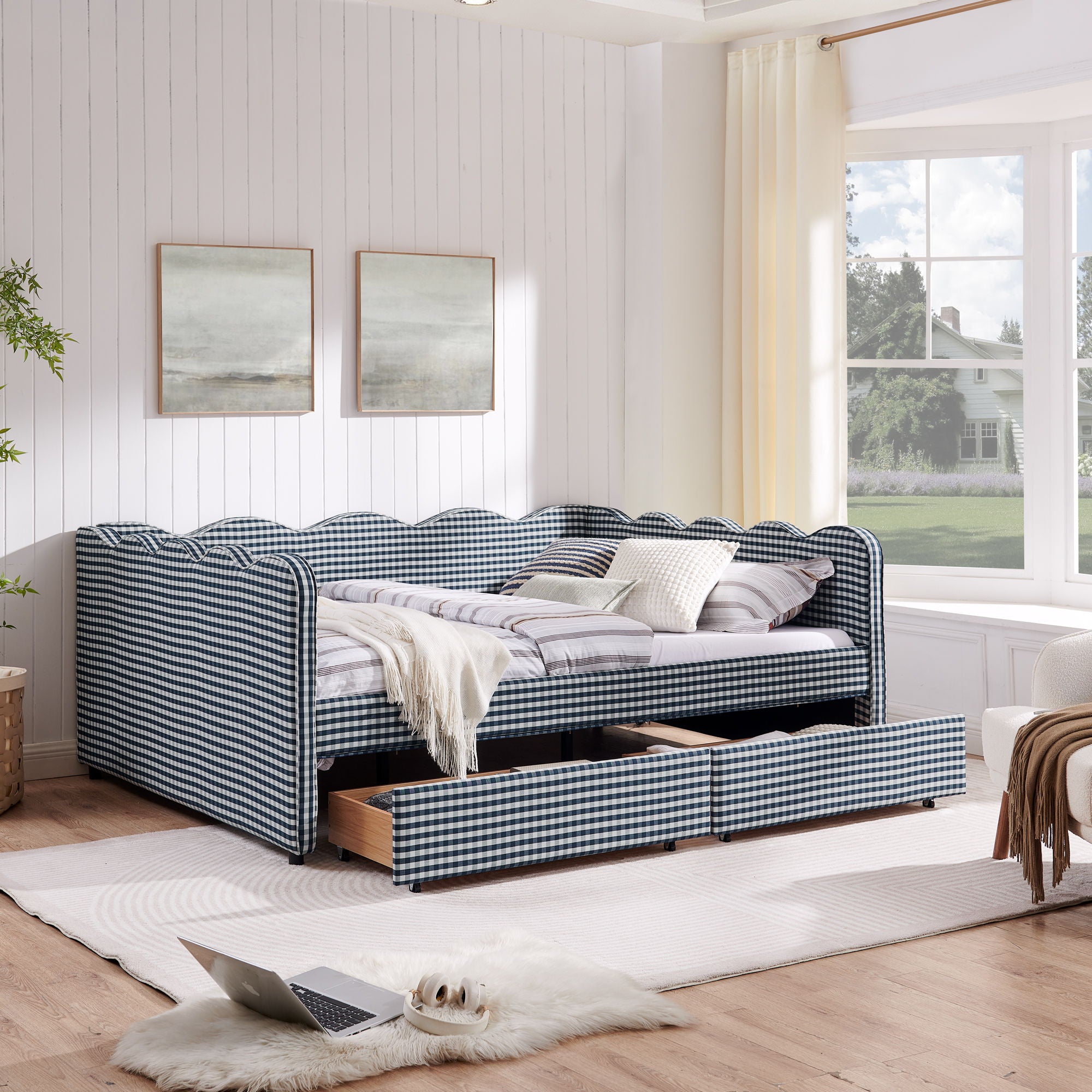 Gingham Daybed & USB Charging Port, Wave Shaped Design