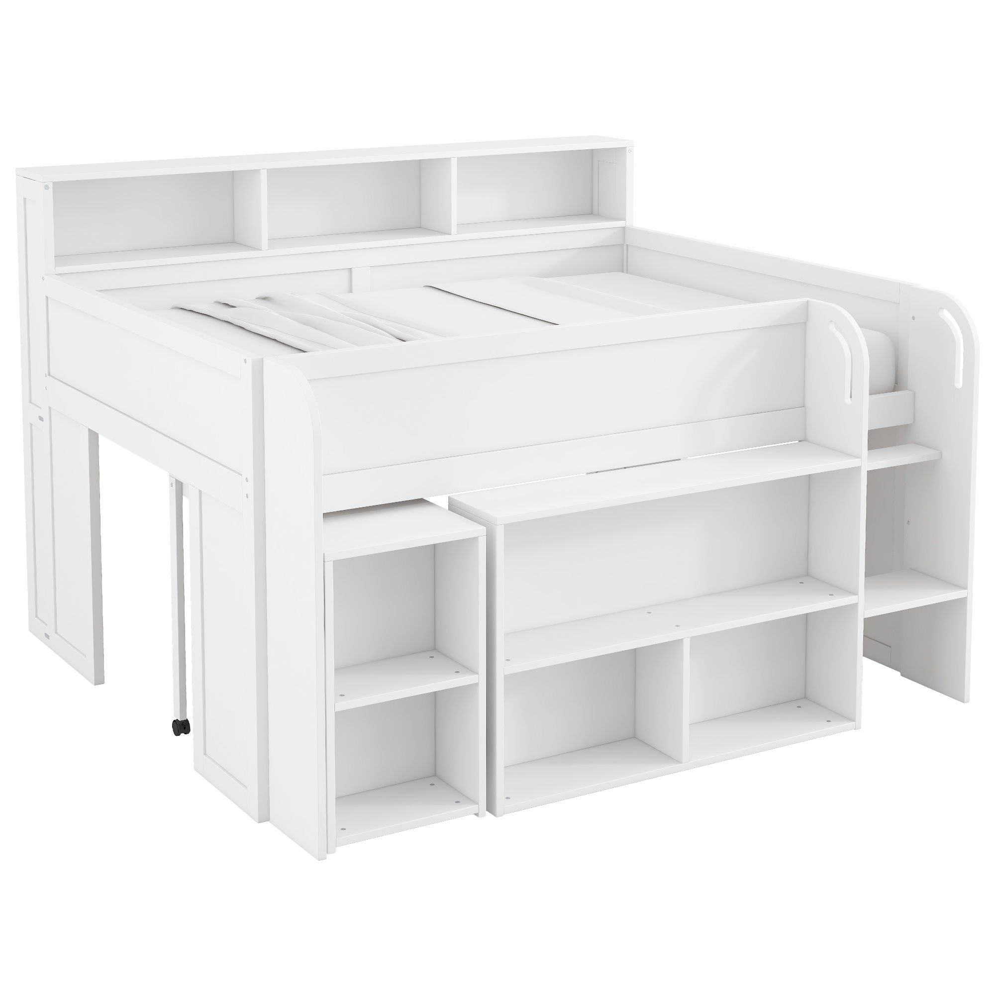 Loft Bed With Built-In Desk, LED Lighting, And Multiple Storage Shelves