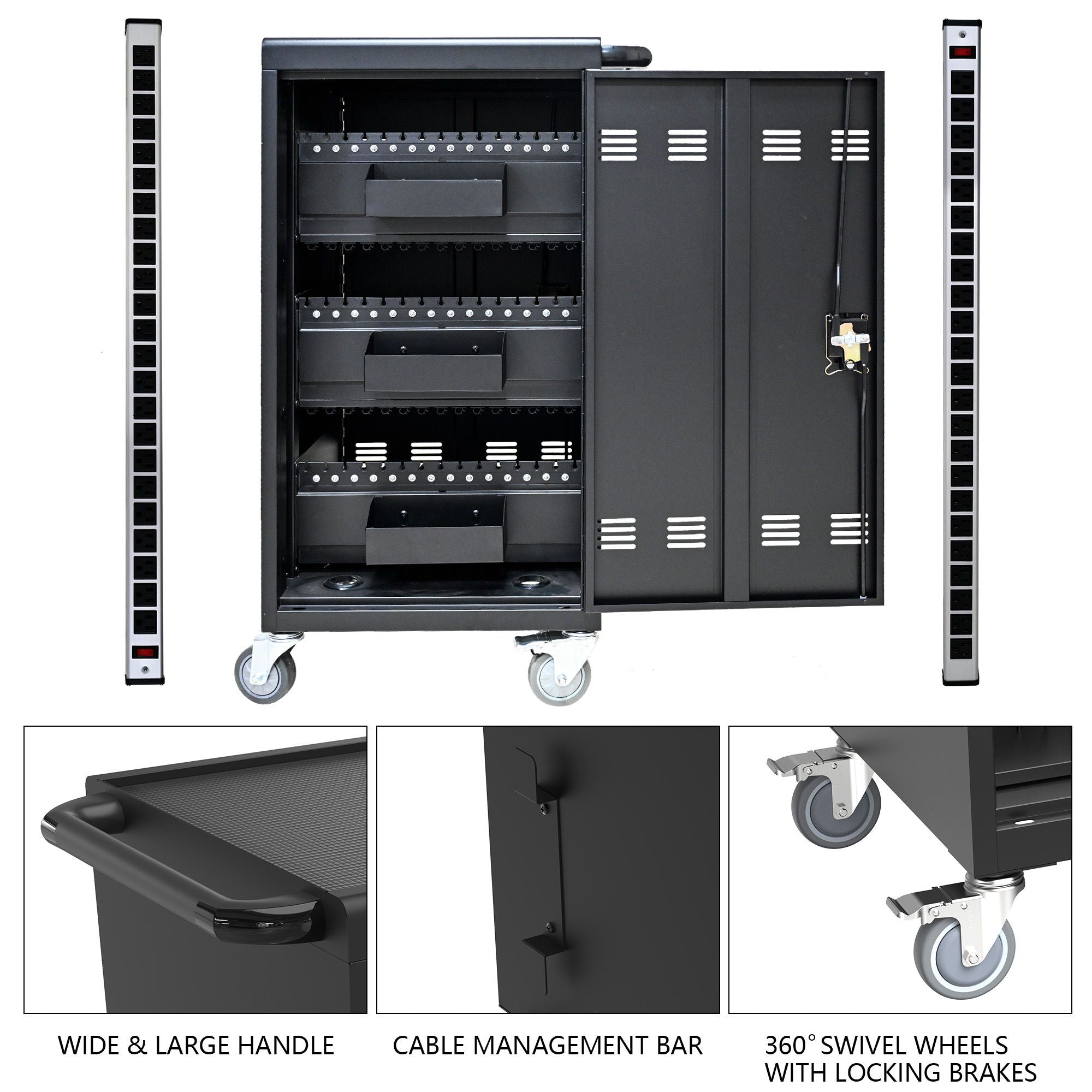 45 Bay Mobile School Charging Cart Station For Chromebook, Tablet And Laptop Computer With Power Strip Included - Black