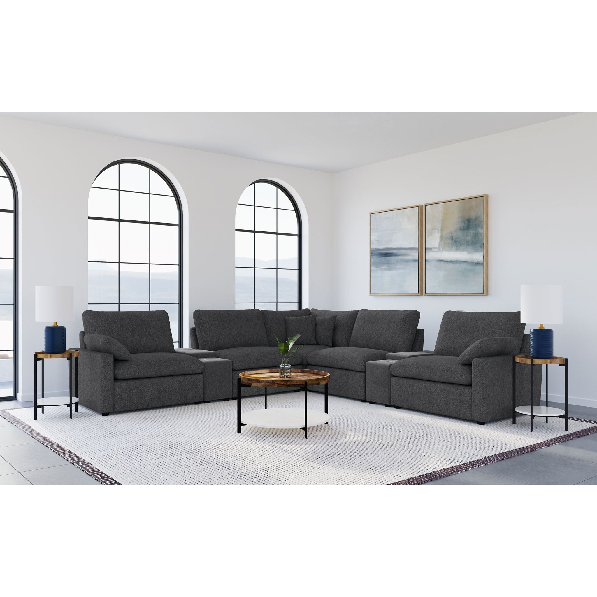 Modular Power Reclining With Lift Top Consoles, 7 Piece Configuration - Dark Gray