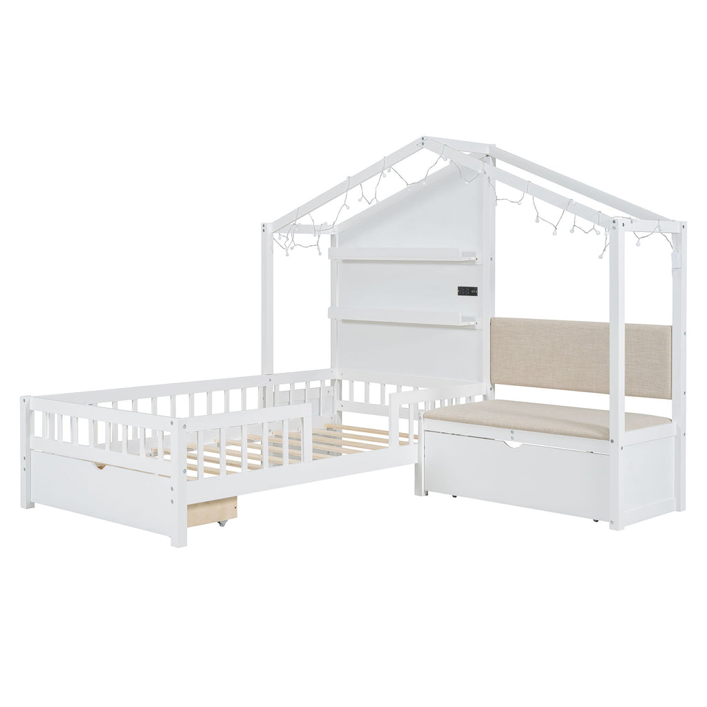 House Bed With Upholstered Sofa, Wireless Charging Station, Shelves And 2 Drawers