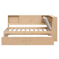Twin L - Shaped Daybed With Storage Bookcase, Upholstered Headboard, USB Charging Ports & Hidden Drawers - Natural
