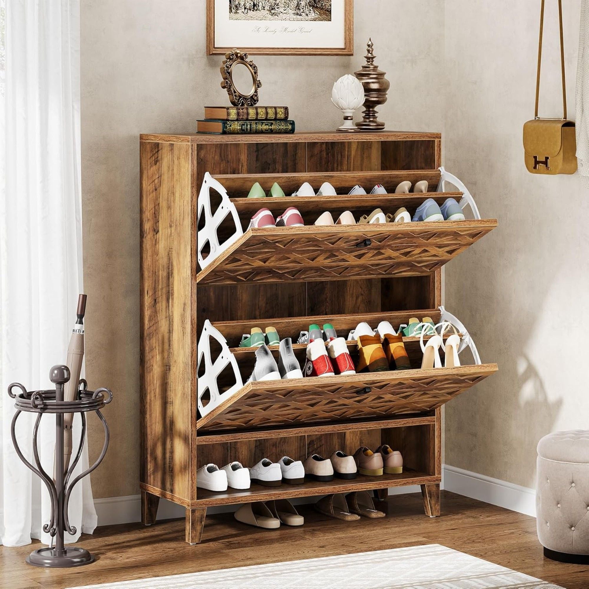 Narrow Shoe Cabinet With 2 Flip Drawers For Entryway Organizer - Rustic Brown