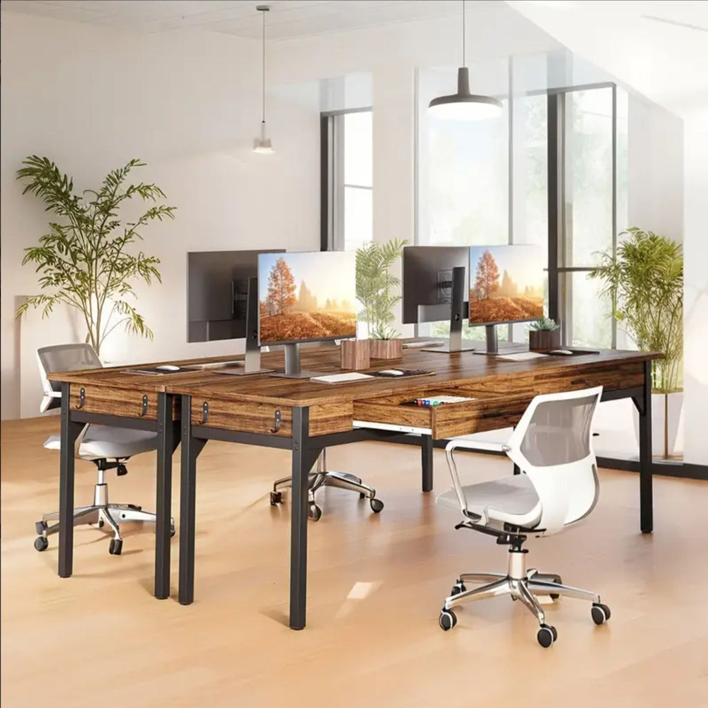 Double Office Desk For 2 With Frame, Long Workstation With 2 Drawers And Hooks - Brown / Black