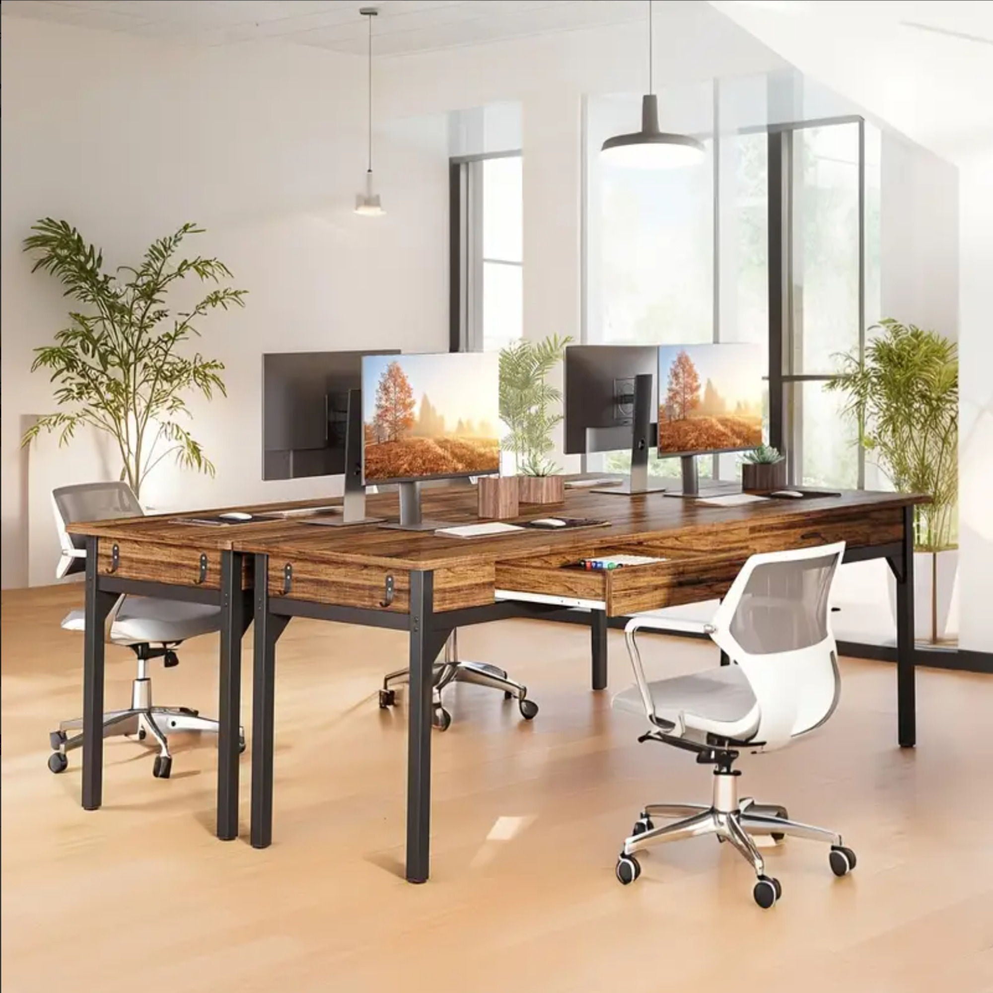 Double Office Desk For 2 With Frame, Long Workstation With 2 Drawers And Hooks - Brown / Black