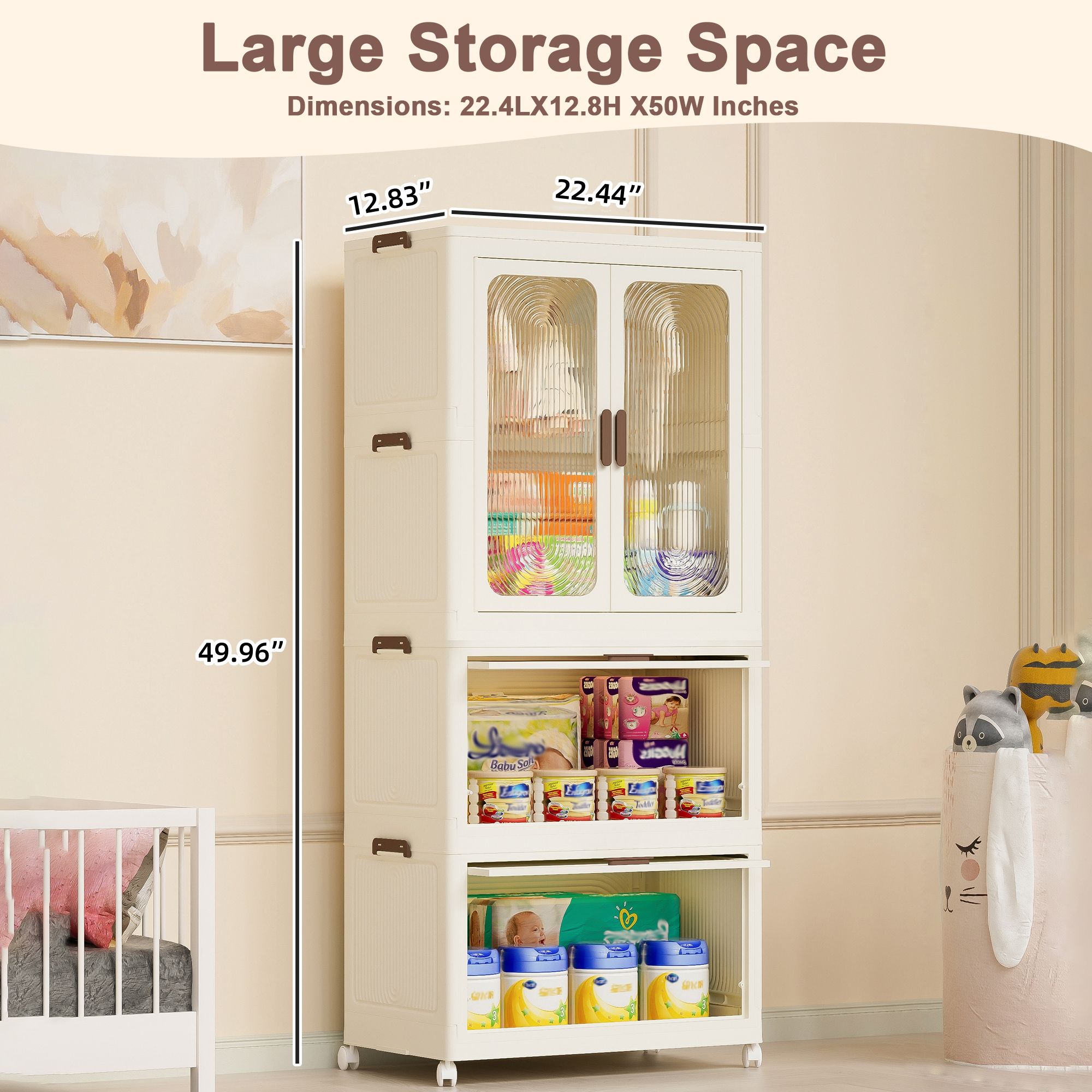 Portable Wardrobe Closet Storage Organizer With Magnetic Doors And Hanging Rod - Cream White