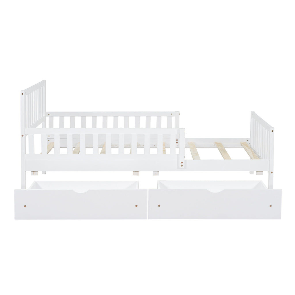 Platform Bed With Guardrails On Both Sides And 2 Storage Drawers